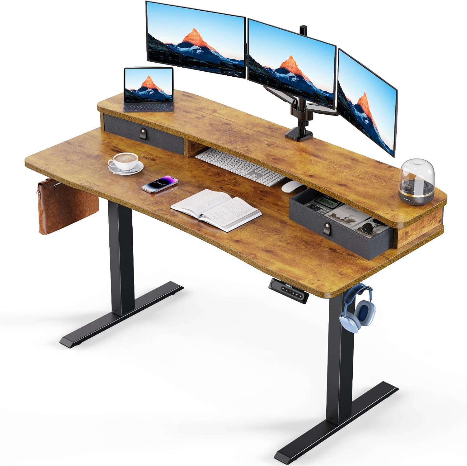 HUANUO 48″ x 24″ Electric Standing Desk with 2 Drawers, C-Clamp Mount Compatible, Height Adjustable Computer Desk, Home Office Stand Up Desk with 4 Preset Heights & 2 Hooks, Black