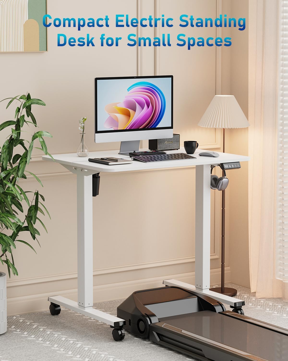 32" Small Electric Rolling Standing Desk Adjustable Height, Mobile Sit Stand up Desk with Lockable Casters for Home Office & Computer Workstation, Splice Board, 2 Hooks, White Frame/White Top