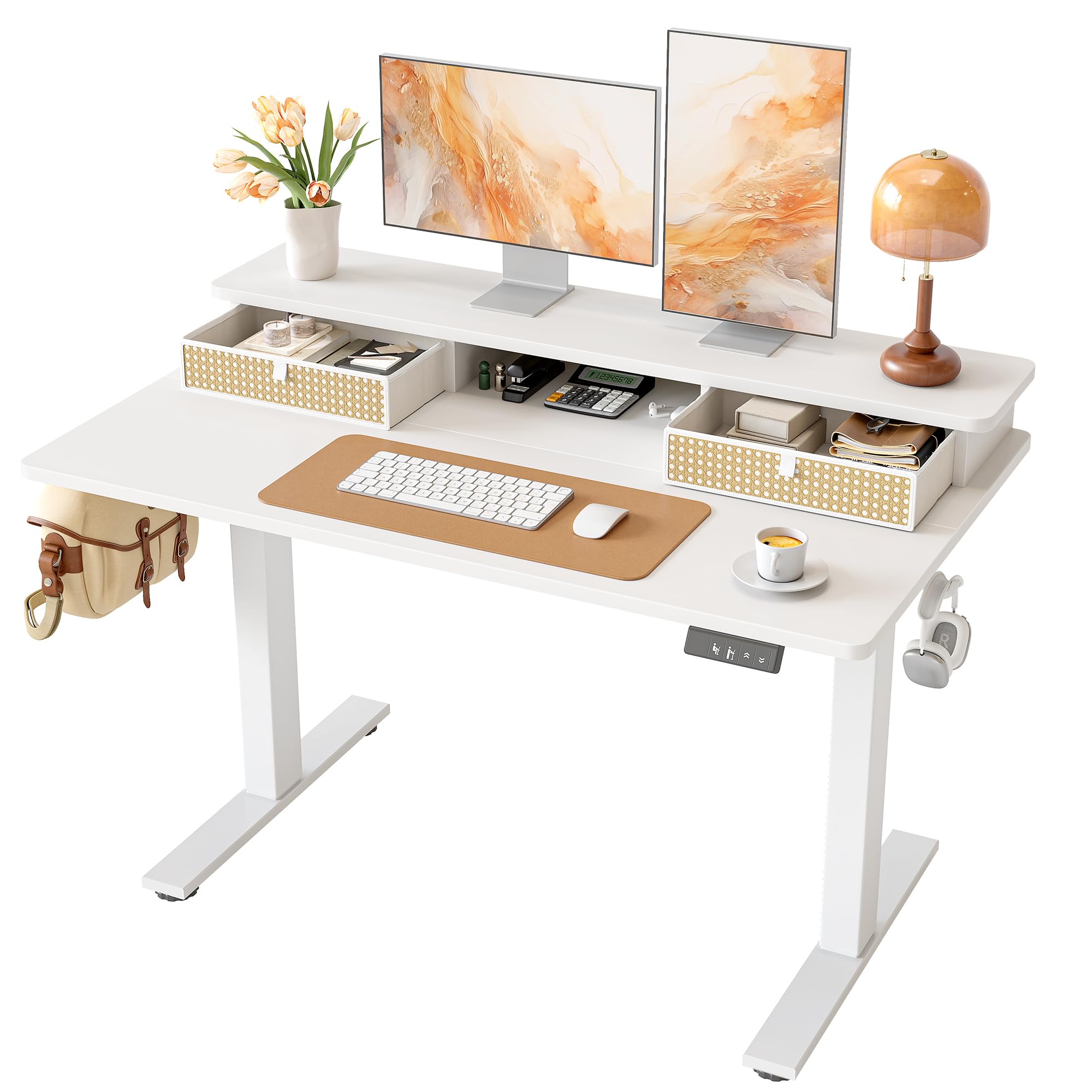 TIQLAB Standing Desk with Two Drawers, Stand Up Standing Desk Adjustable Height, Electric Sit Stand Table with Storage Shelf and Splice Board, 48 * 24 inch, Maple