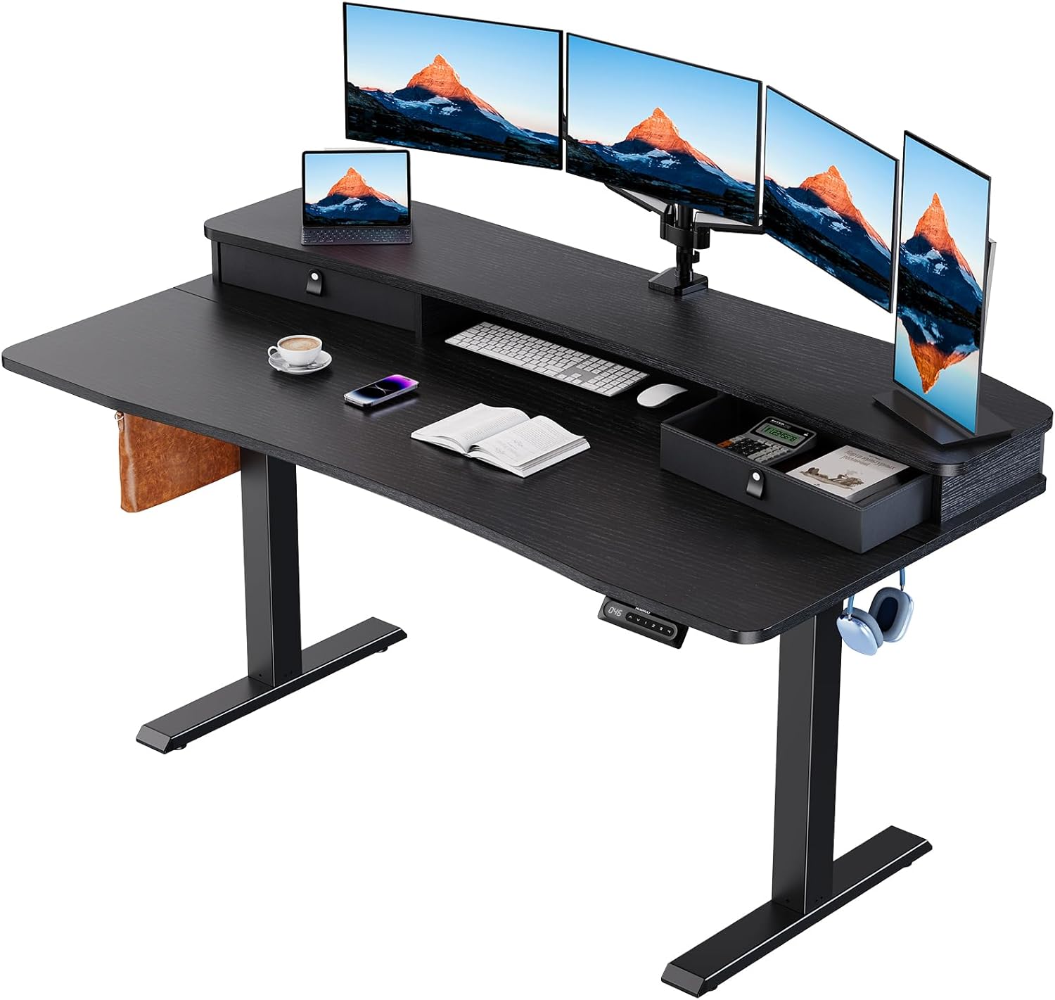 HUANUO 48″ x 24″ Electric Standing Desk with 2 Drawers, C-Clamp Mount Compatible, Height Adjustable Computer Desk, Home Office Stand Up Desk with 4 Preset Heights & 2 Hooks, Black