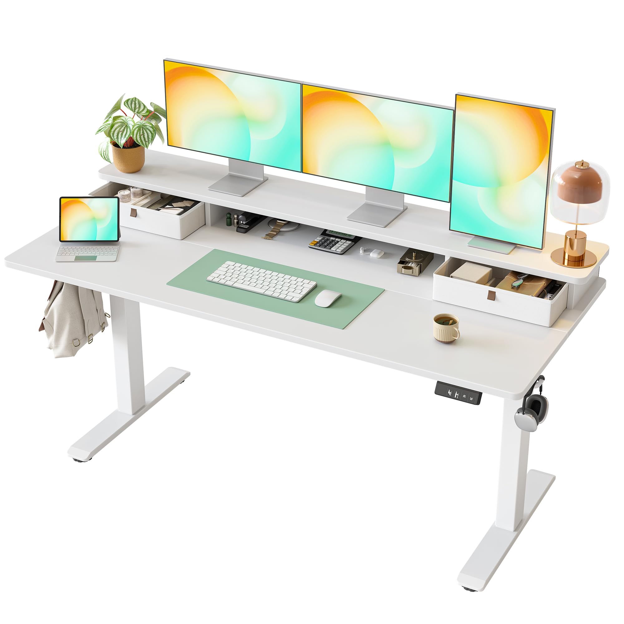 TIQLAB Standing Desk with Two Drawers, Stand Up Standing Desk Adjustable Height, Electric Sit Stand Table with Storage Shelf and Splice Board, 48 * 24 inch, Maple