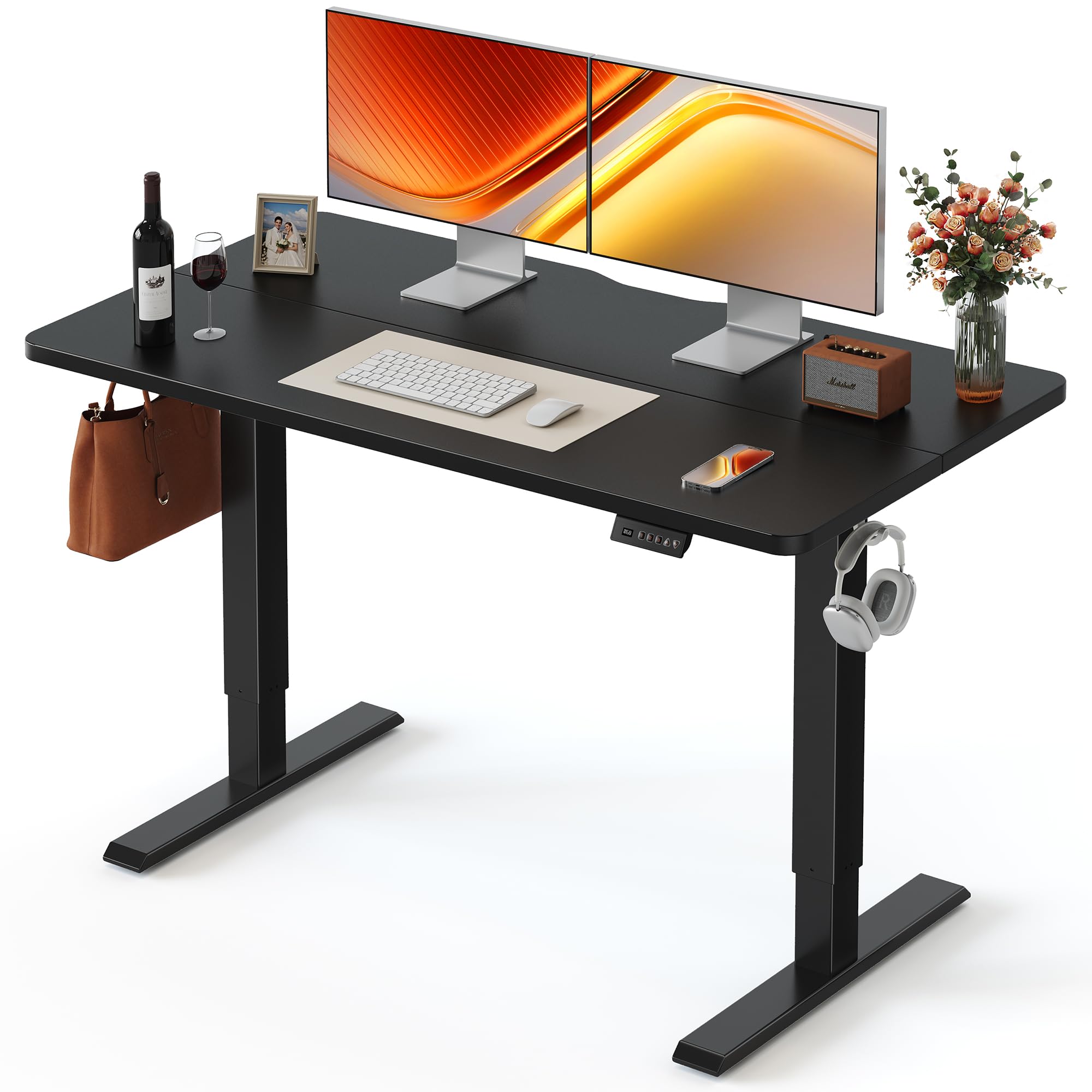 FEZIBO Standing Desk, 48 × 24 Inches Electric Height Adjustable, Sit and Stand Up, Computer Office Desk with Splice Board, White Frame/Maple TOP