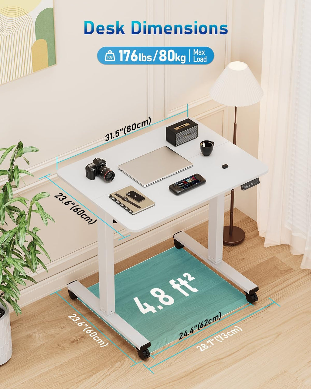 32" Small Electric Rolling Standing Desk Adjustable Height, Mobile Sit Stand up Desk with Lockable Casters for Home Office & Computer Workstation, Splice Board, 2 Hooks, White Frame/White Top