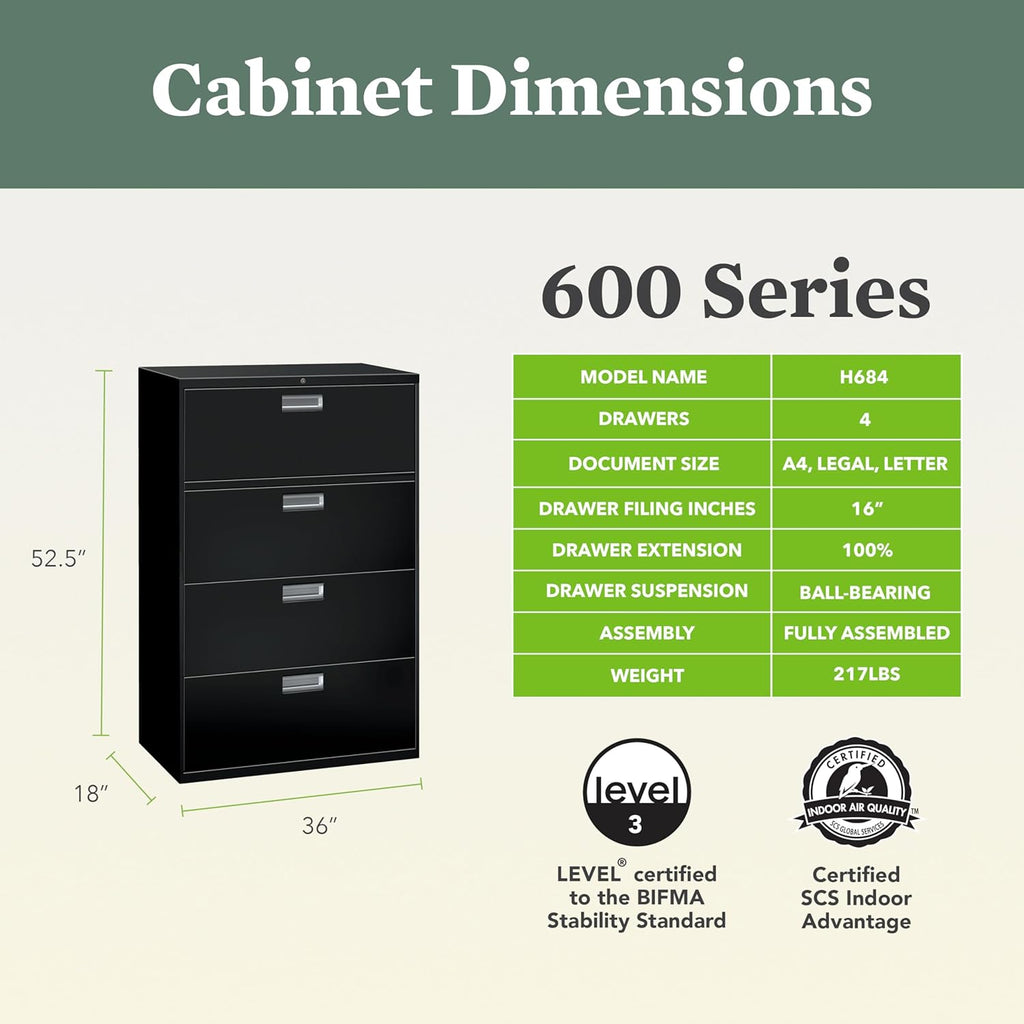 HON 4 Drawer Lateral File Cabinet with Lock, Metal Filing Cabinets for Offices, Adjustable Hangrails for A4, Legal, Letter Files, 18" Deep, Black