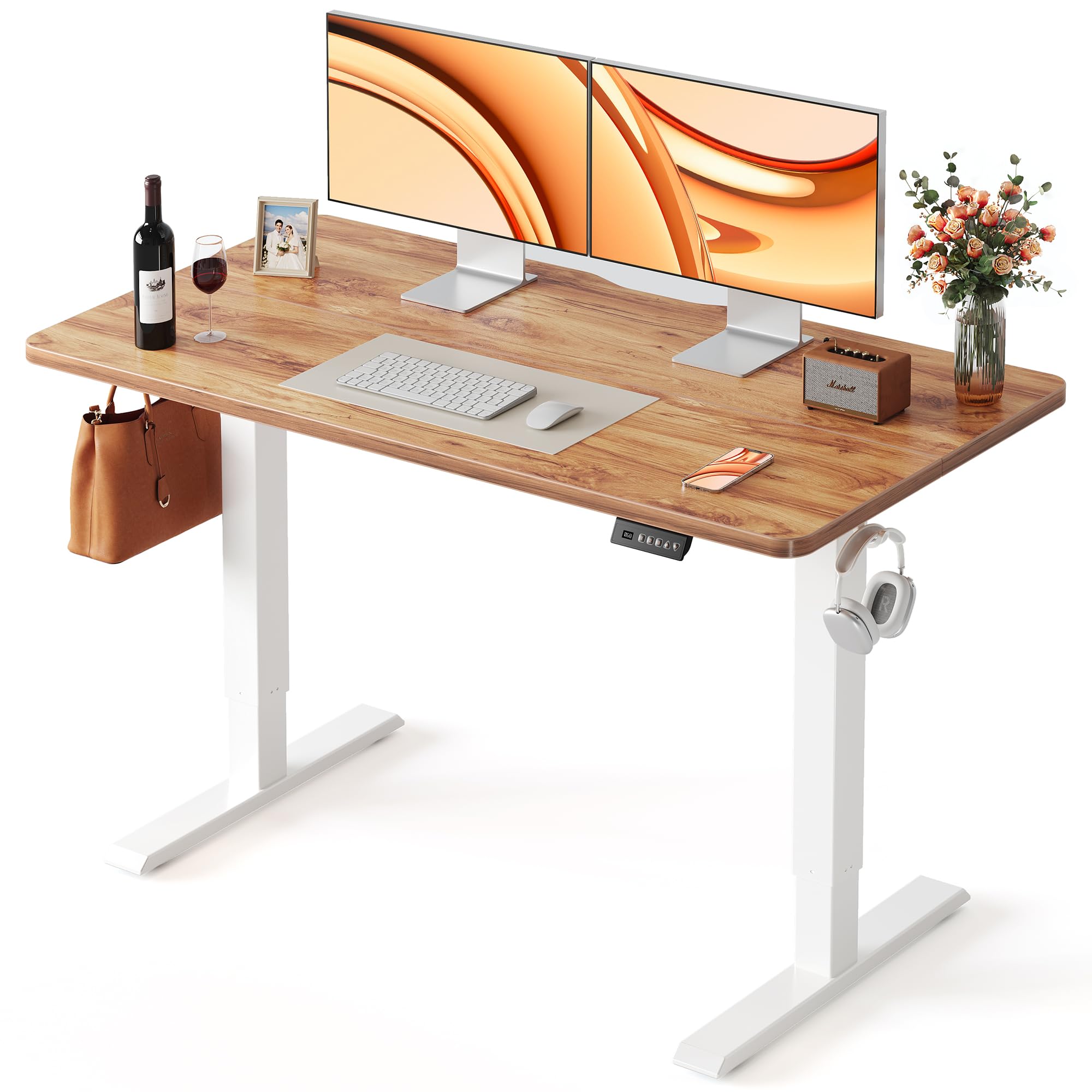 FEZIBO Standing Desk, 48 × 24 Inches Electric Height Adjustable, Sit and Stand Up, Computer Office Desk with Splice Board, White Frame/Maple TOP