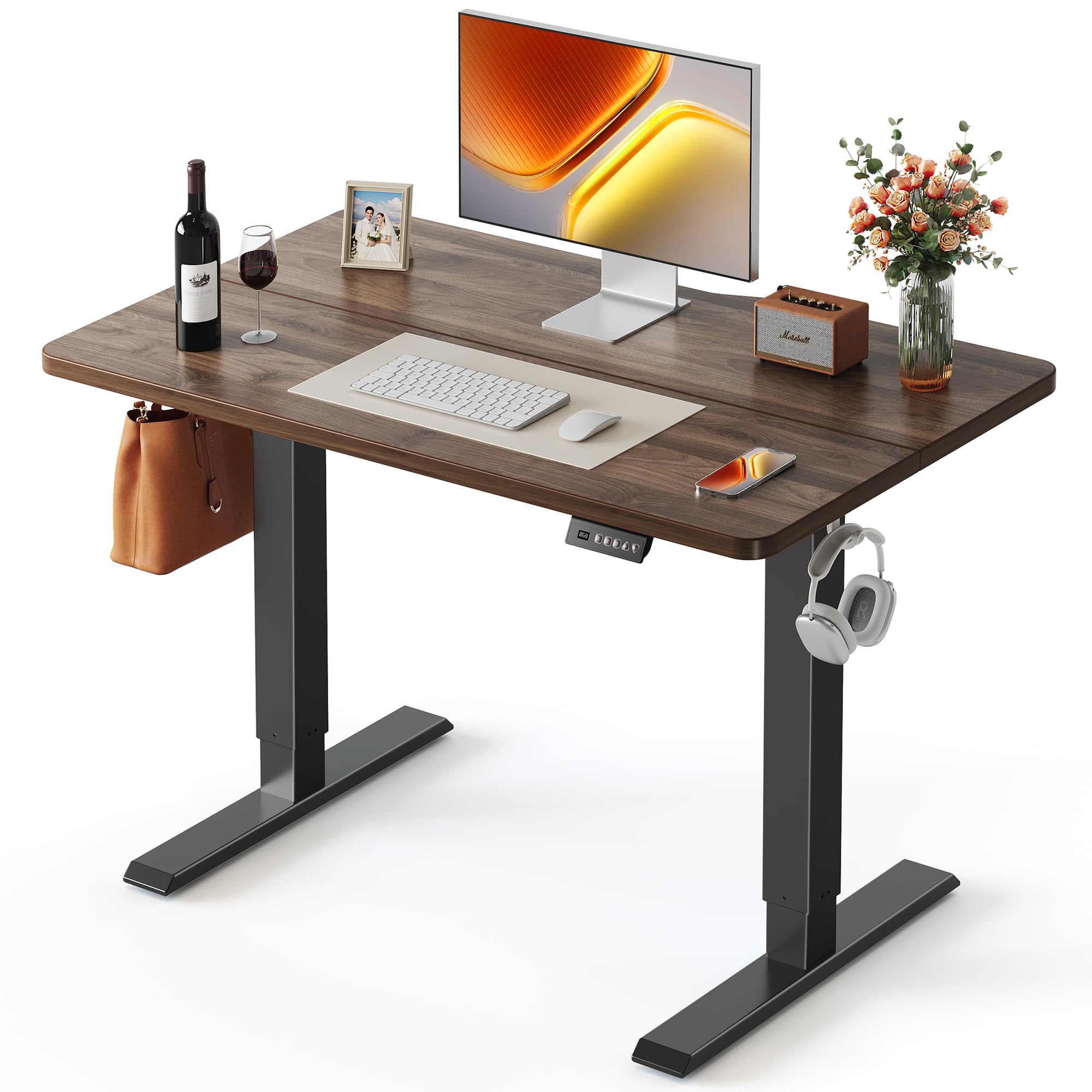 FEZIBO Standing Desk, 48 × 24 Inches Electric Height Adjustable, Sit and Stand Up, Computer Office Desk with Splice Board, White Frame/Maple TOP