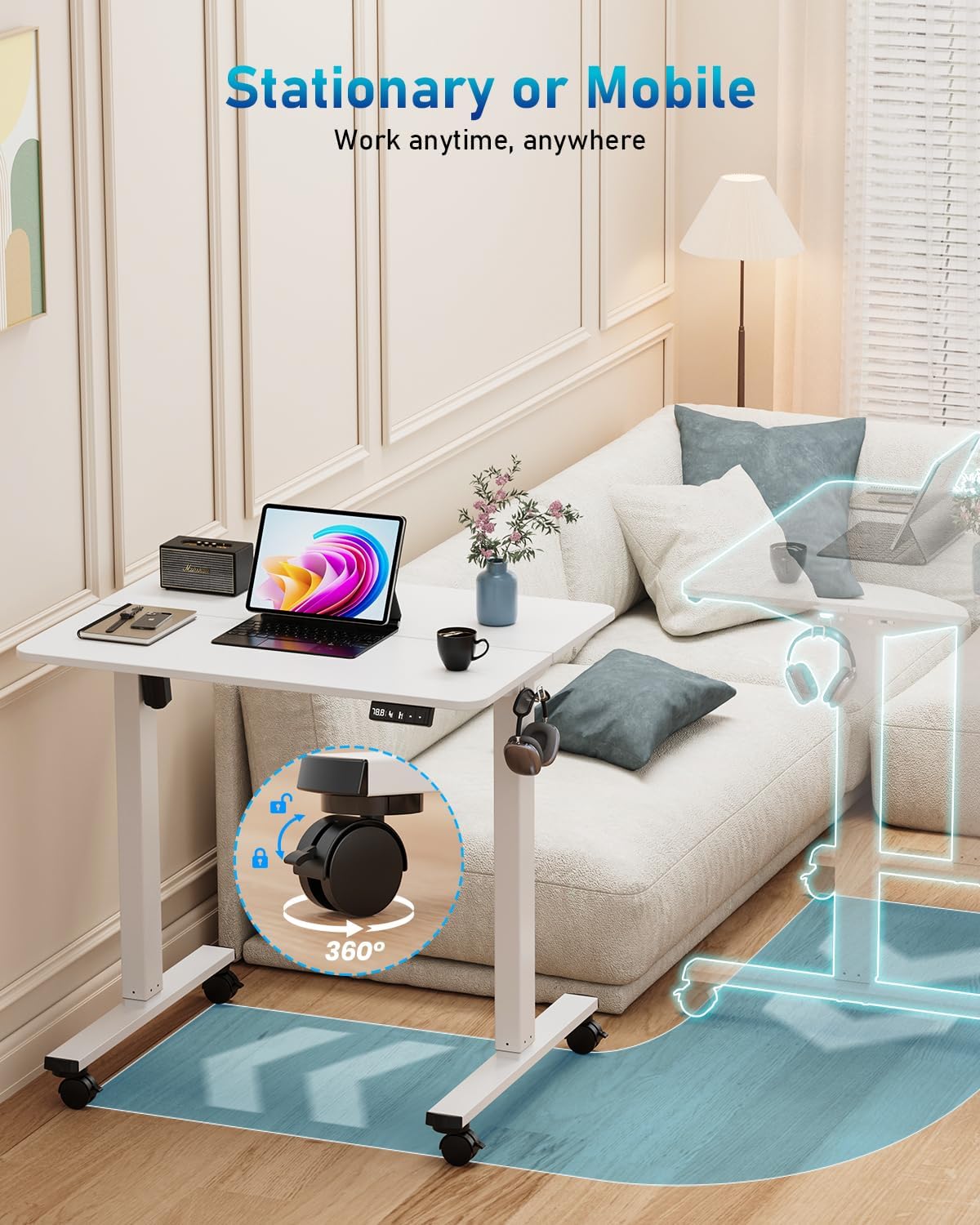 32" Small Electric Rolling Standing Desk Adjustable Height, Mobile Sit Stand up Desk with Lockable Casters for Home Office & Computer Workstation, Splice Board, 2 Hooks, White Frame/White Top