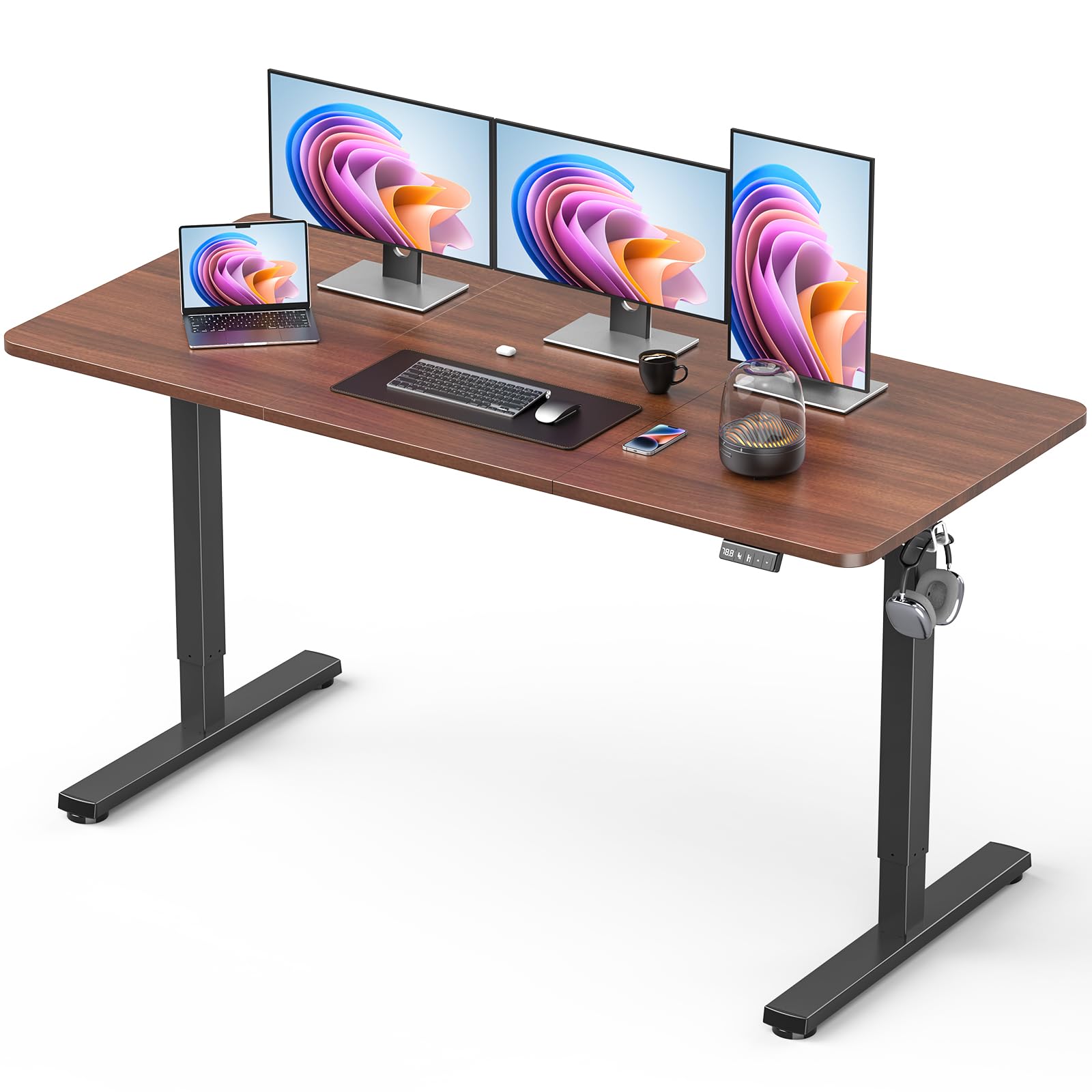 32" Small Electric Rolling Standing Desk Adjustable Height, Mobile Sit Stand up Desk with Lockable Casters for Home Office & Computer Workstation, Splice Board, 2 Hooks, White Frame/White Top
