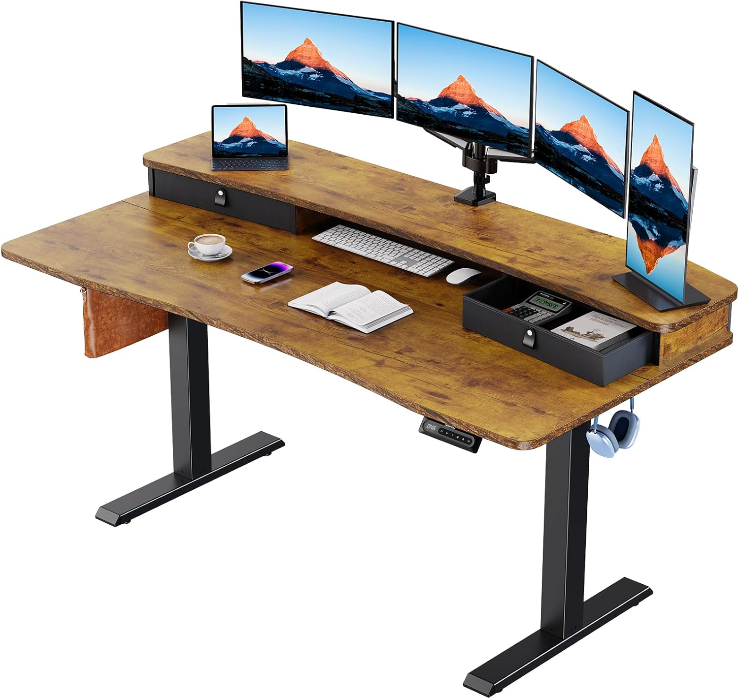 HUANUO 48″ x 24″ Electric Standing Desk with 2 Drawers, C-Clamp Mount Compatible, Height Adjustable Computer Desk, Home Office Stand Up Desk with 4 Preset Heights & 2 Hooks, Black