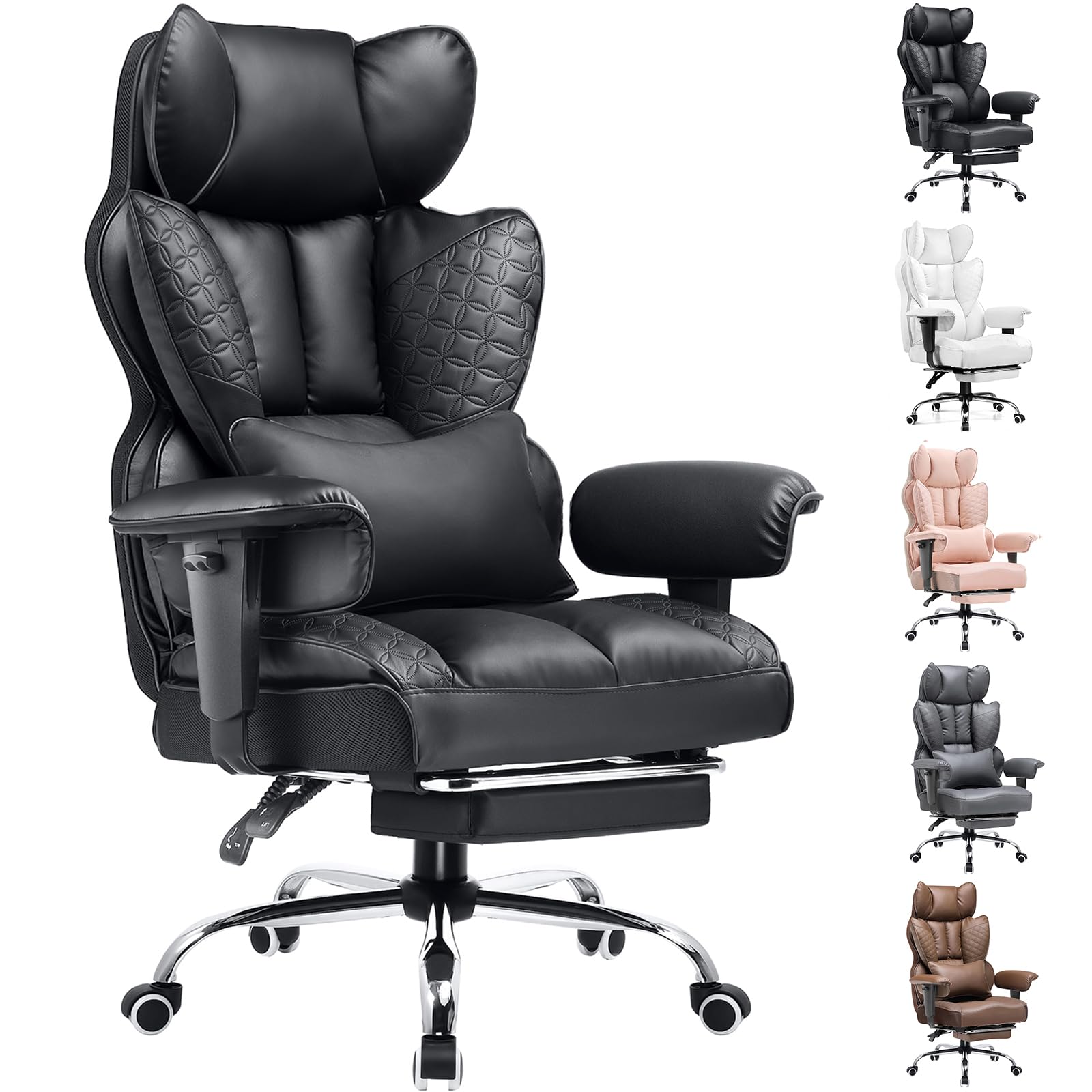 COMHOMA Big and Tall Office Chair Heavy Duty Wide Ergonomic Gaming Chair with Deluxe Embossing Designed Leather with Foot Rest,150°Reclining Adjustable Armrests Pocket Spring Back Support and Pillow