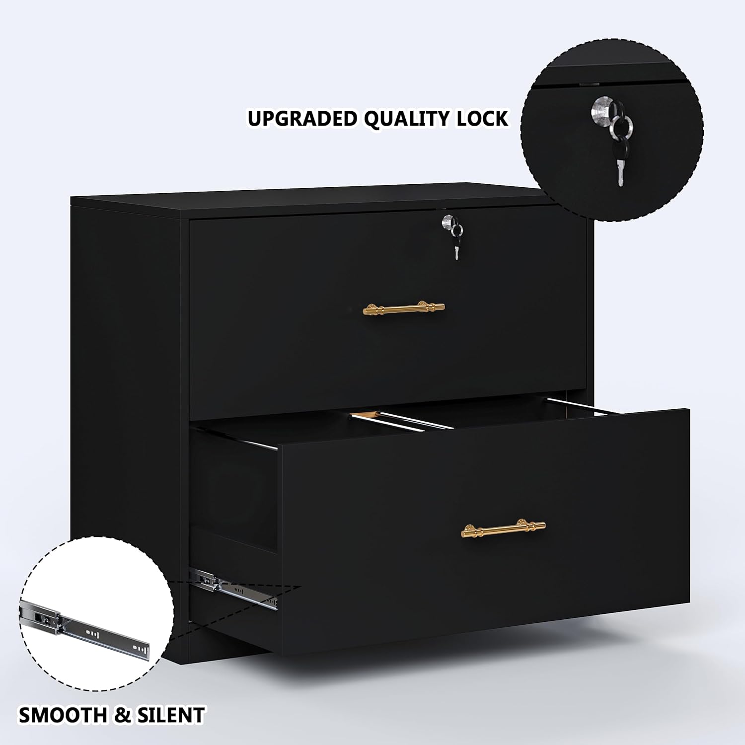2 Drawer Lateral File Cabinet with Lock, Suitable for Letter/A4/F4/Legal Size Hanging Files,Large Wood Filing Storage Cabinets Printer Stand for Home Office,Black
