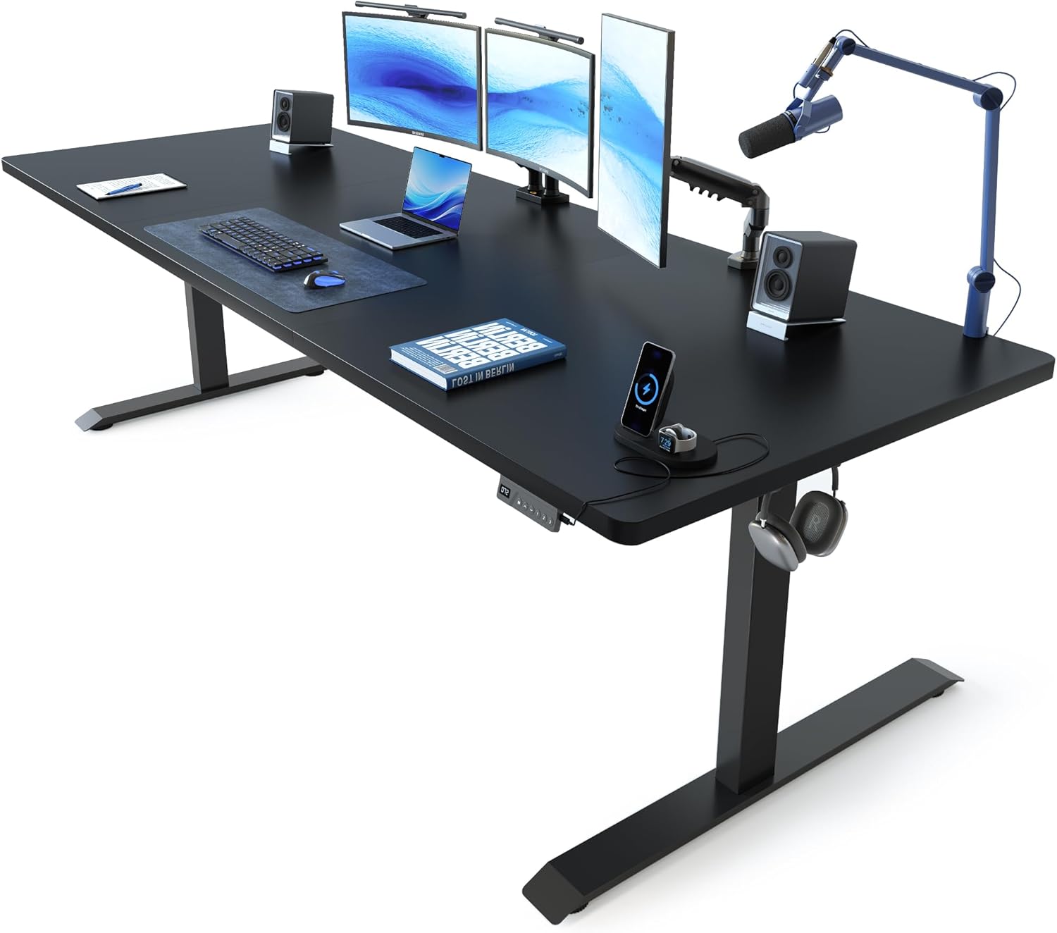 FEZIBO Standing Desk, 48 × 24 Inches Electric Height Adjustable, Sit and Stand Up, Computer Office Desk with Splice Board, White Frame/Maple TOP