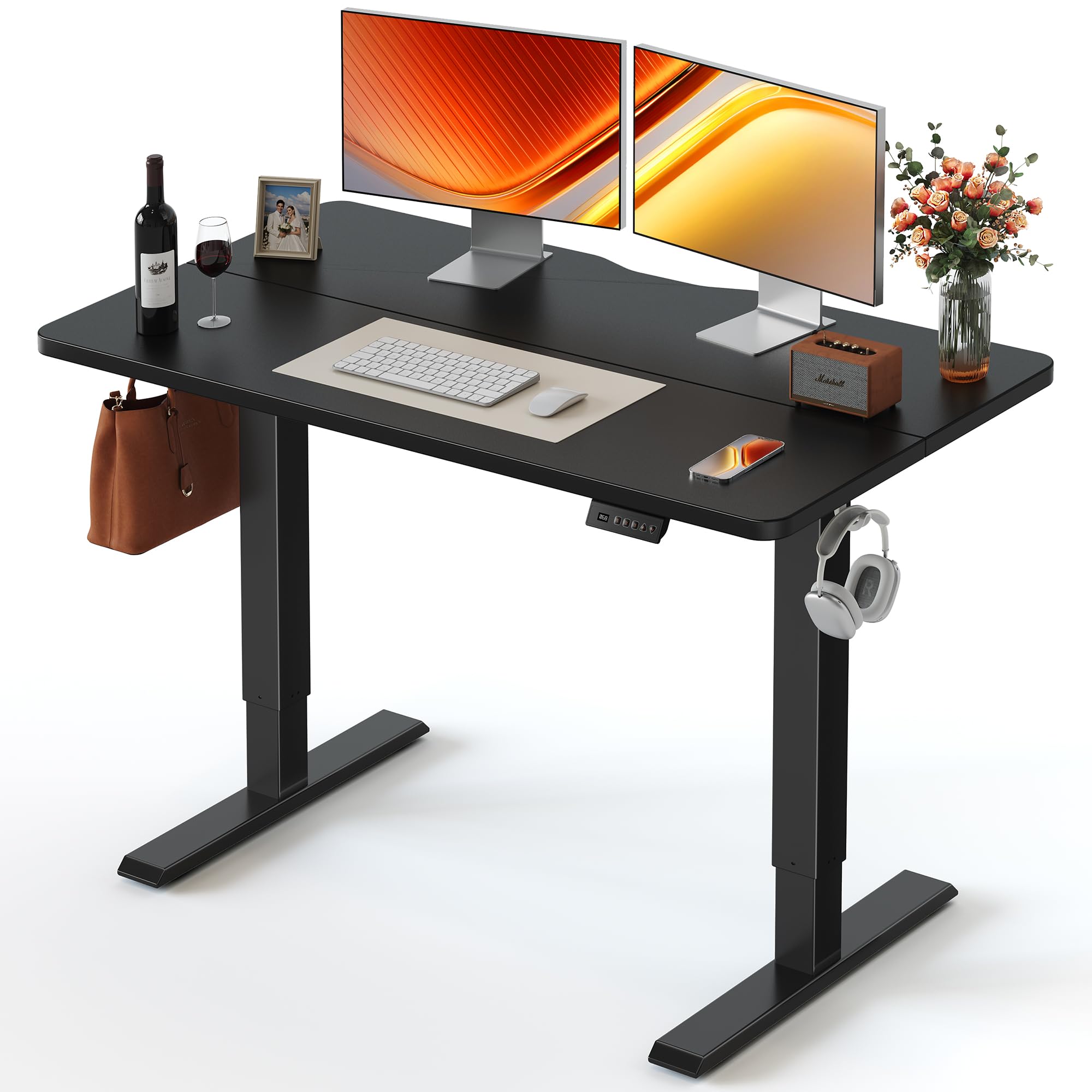 FEZIBO Standing Desk, 48 × 24 Inches Electric Height Adjustable, Sit and Stand Up, Computer Office Desk with Splice Board, White Frame/Maple TOP