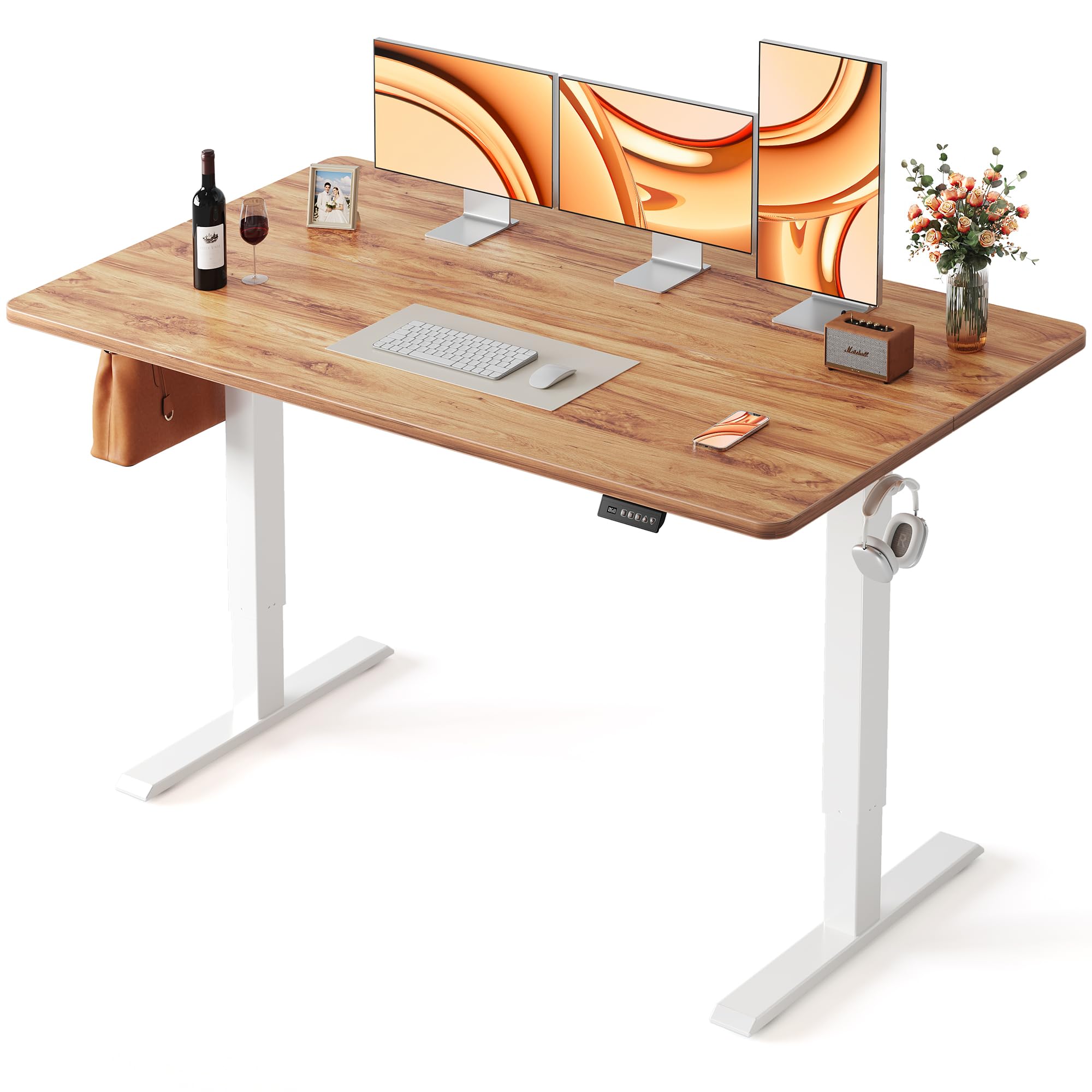 FEZIBO Standing Desk, 48 × 24 Inches Electric Height Adjustable, Sit and Stand Up, Computer Office Desk with Splice Board, White Frame/Maple TOP