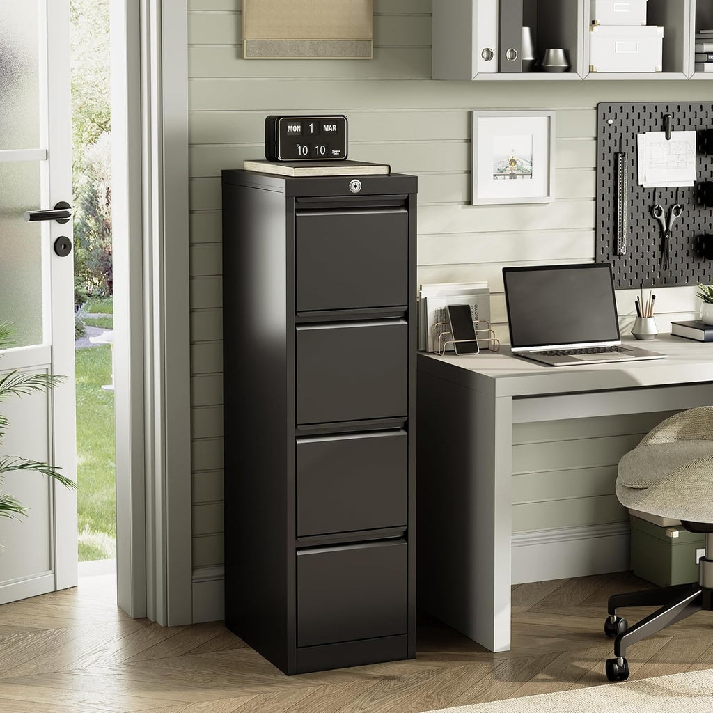 4 Drawer Metal File Cabinet with Lock, Wide Office Steel Filing Cabinet, Mobile Storage Organizer for Letter Legal Files, Home Office School Tool Storage Cabinet, Black