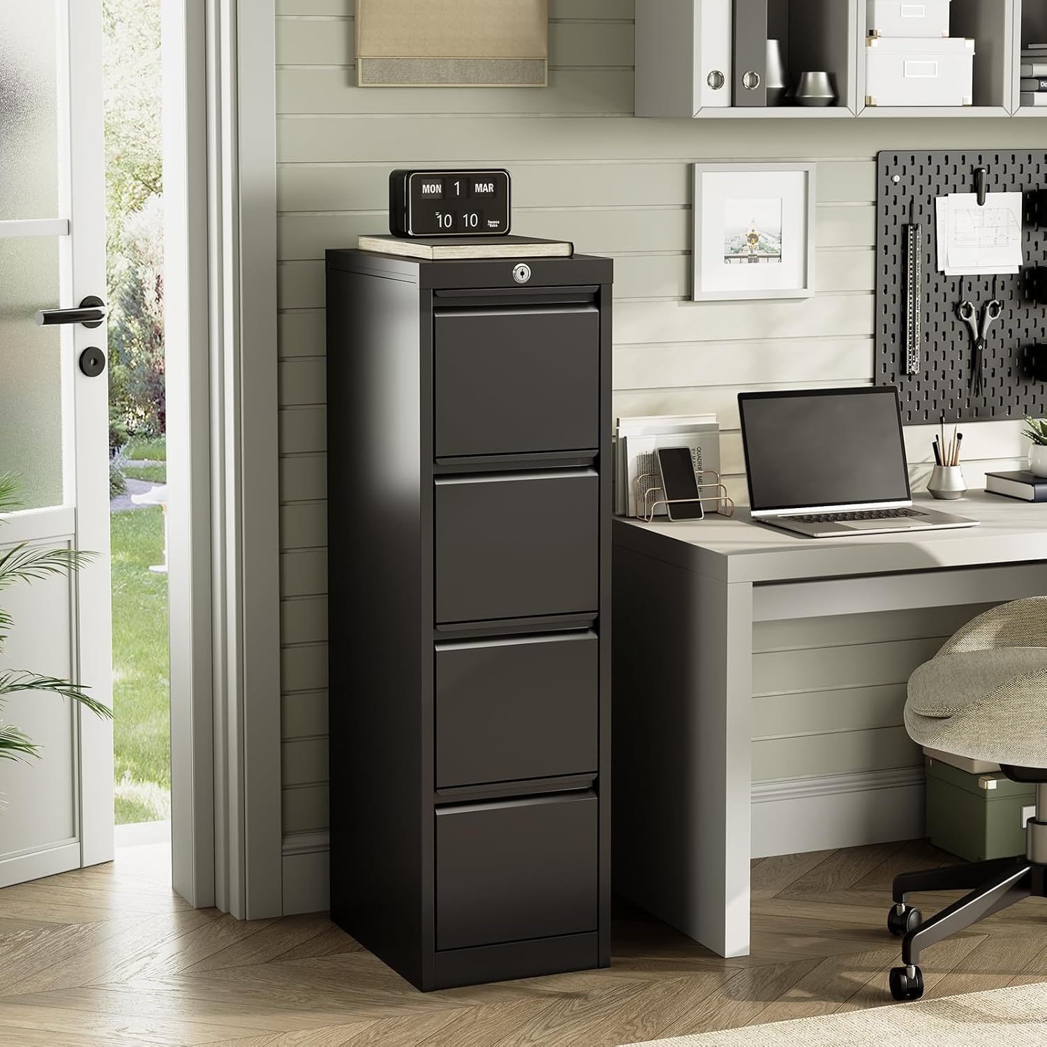 4 Drawer Metal File Cabinet with Lock, Wide Office Steel Filing Cabinet, Mobile Storage Organizer for Letter Legal Files, Home Office School Tool Storage Cabinet, Black