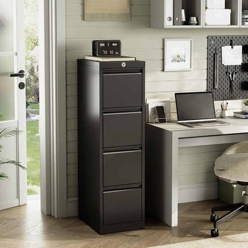 4 Drawer Metal File Cabinet with Lock, Wide Office Steel Filing Cabinet, Mobile Storage Organizer for Letter Legal Files, Home Office School Tool Storage Cabinet, Black