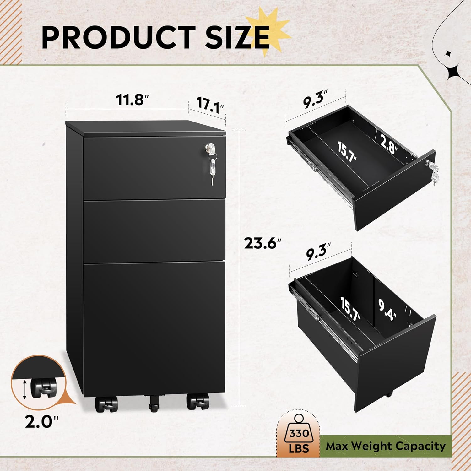 DEVAISE 3 Drawer File Cabinet with Lock, Under Desk Metal Filing Cabinets with Wheels for Home Office Fit Legal/Letter/A4 File, Assembled Except Casters,Black