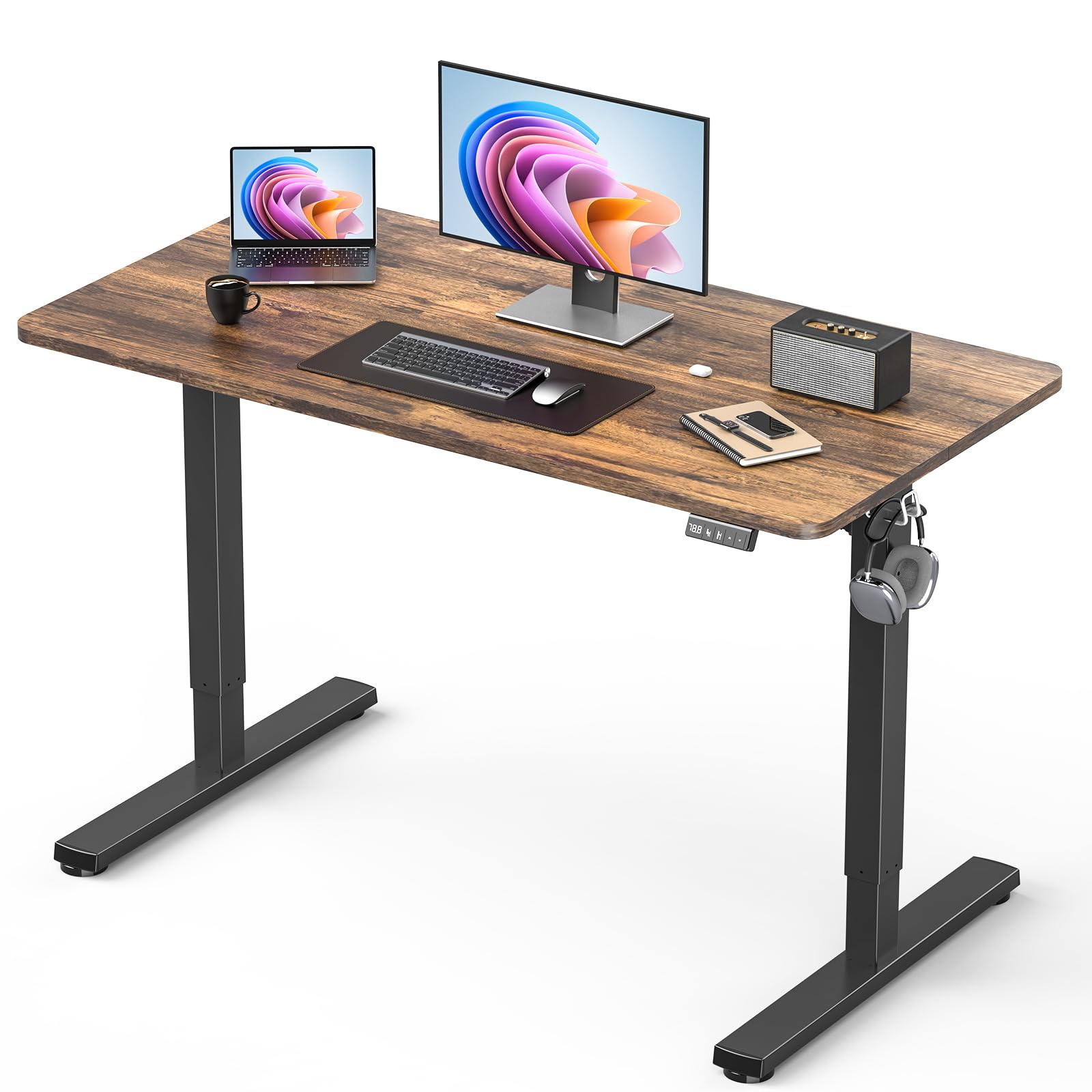 32" Small Electric Rolling Standing Desk Adjustable Height, Mobile Sit Stand up Desk with Lockable Casters for Home Office & Computer Workstation, Splice Board, 2 Hooks, White Frame/White Top