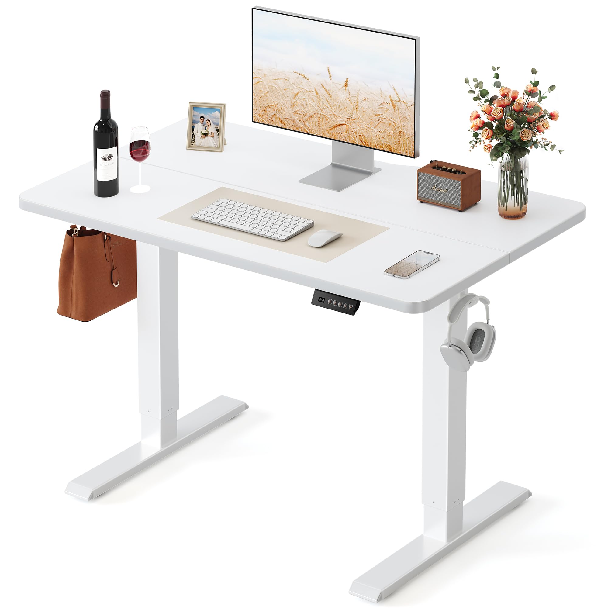 FEZIBO Standing Desk, 48 × 24 Inches Electric Height Adjustable, Sit and Stand Up, Computer Office Desk with Splice Board, White Frame/Maple TOP