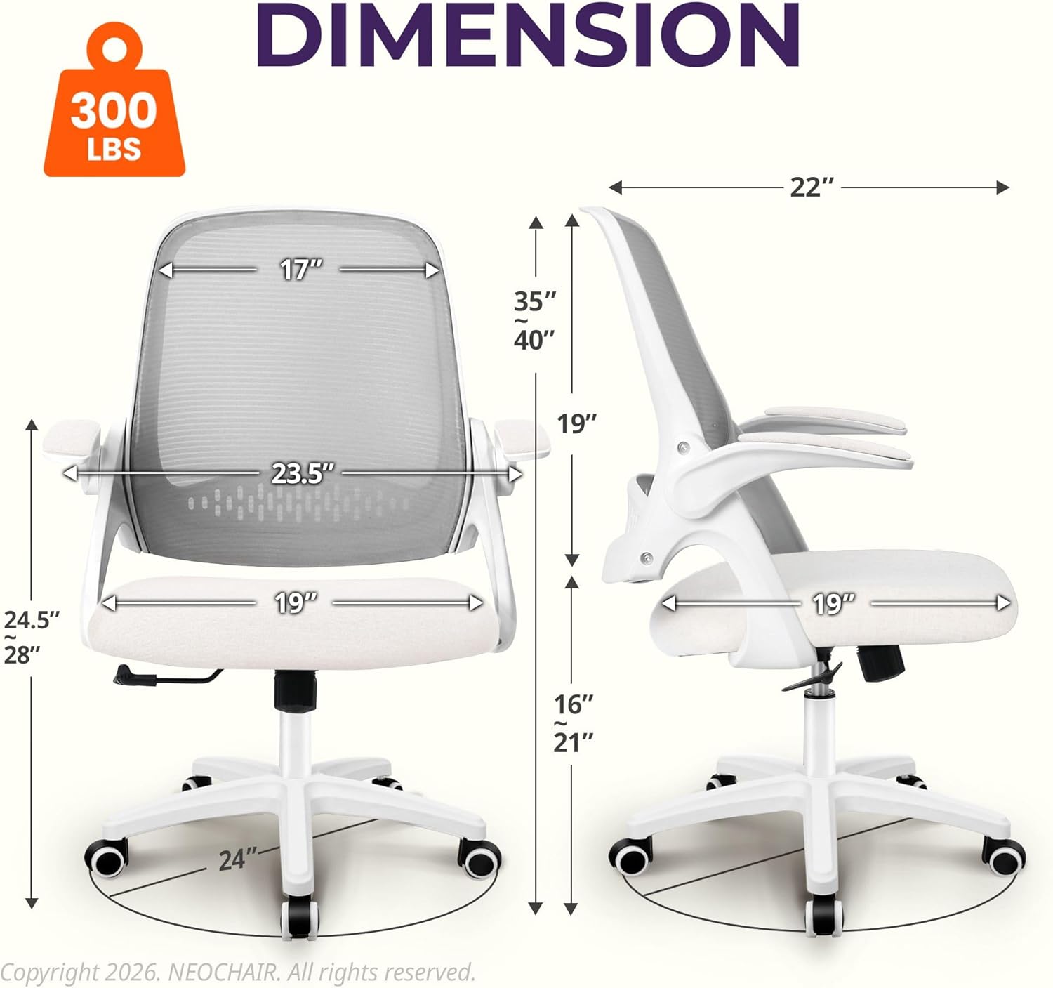 NEO Chair Office Desk Gaming Ergonomic Computer Chair with Lumbar Back Support Adjustable Height Swivel Rolling Wheels Flip-up Arms Mesh Chair for Home Vanity (Ivory)