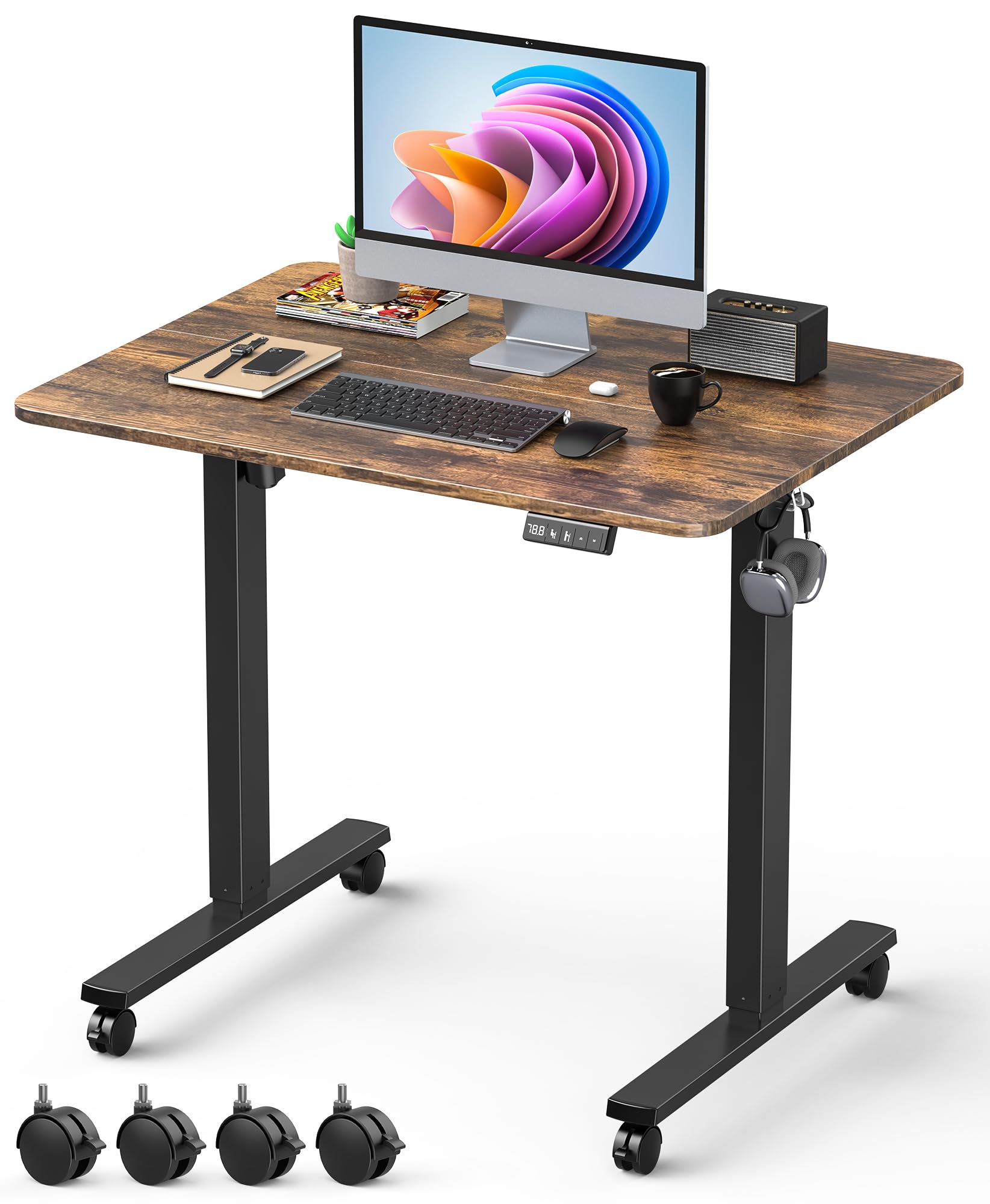 32" Small Electric Rolling Standing Desk Adjustable Height, Mobile Sit Stand up Desk with Lockable Casters for Home Office & Computer Workstation, Splice Board, 2 Hooks, White Frame/White Top