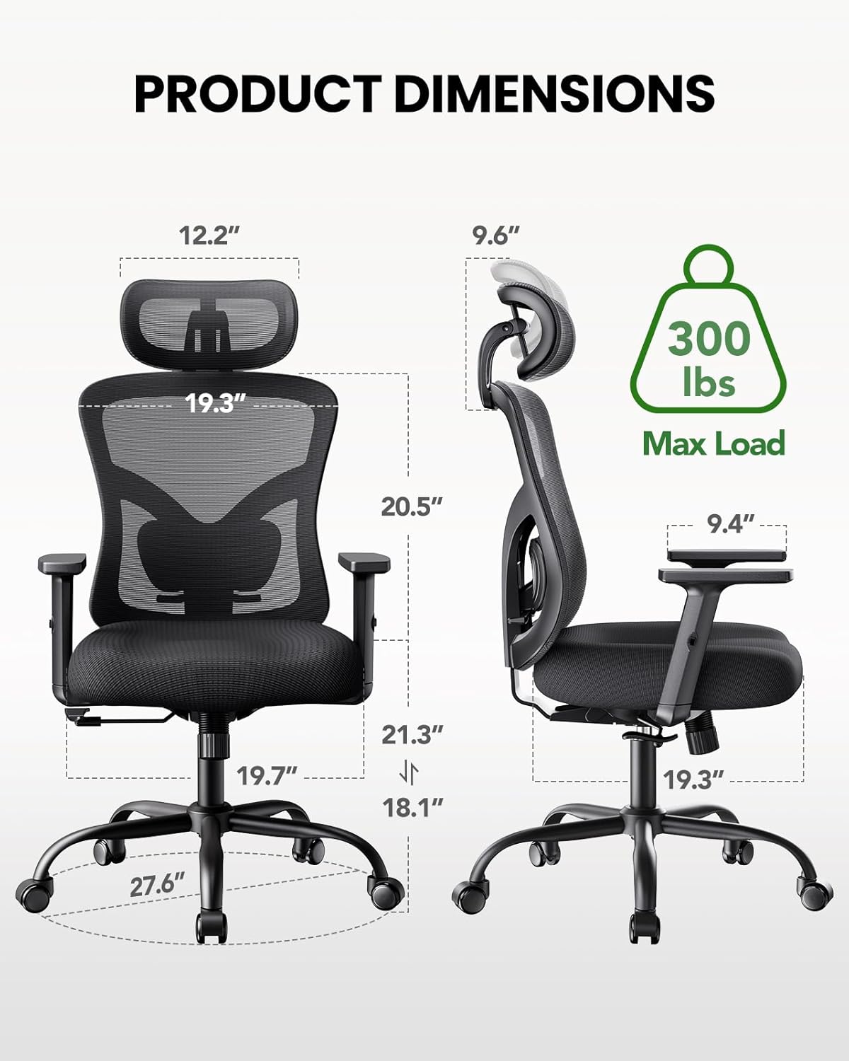 Marsail Ergonomic Office Chair Ergonomic Gaming Chair with Lumbar Support, 2D Headrest, Adjustable Armrests, Contoured Seat Cushion, Computer Desk Chair with Wheels for Home and Office