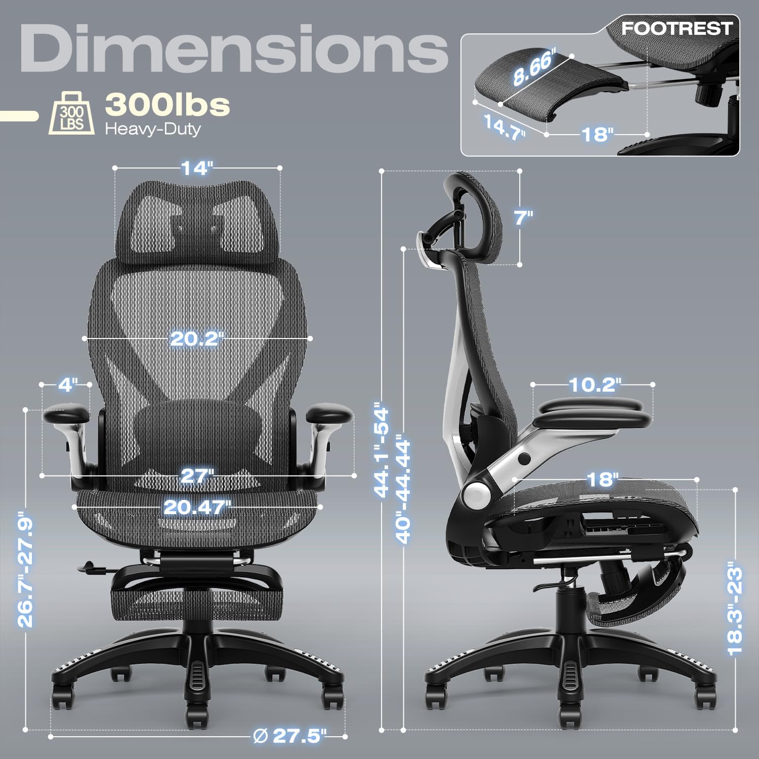 ELABEST X100 Ergonomic Mesh Office Chair with Footrest, Big and Tall Hone Desk Chair with 5D Flip-Up Arms, Adjustable 3D Lumbar Support,Gaming & Executive Computer Chairs