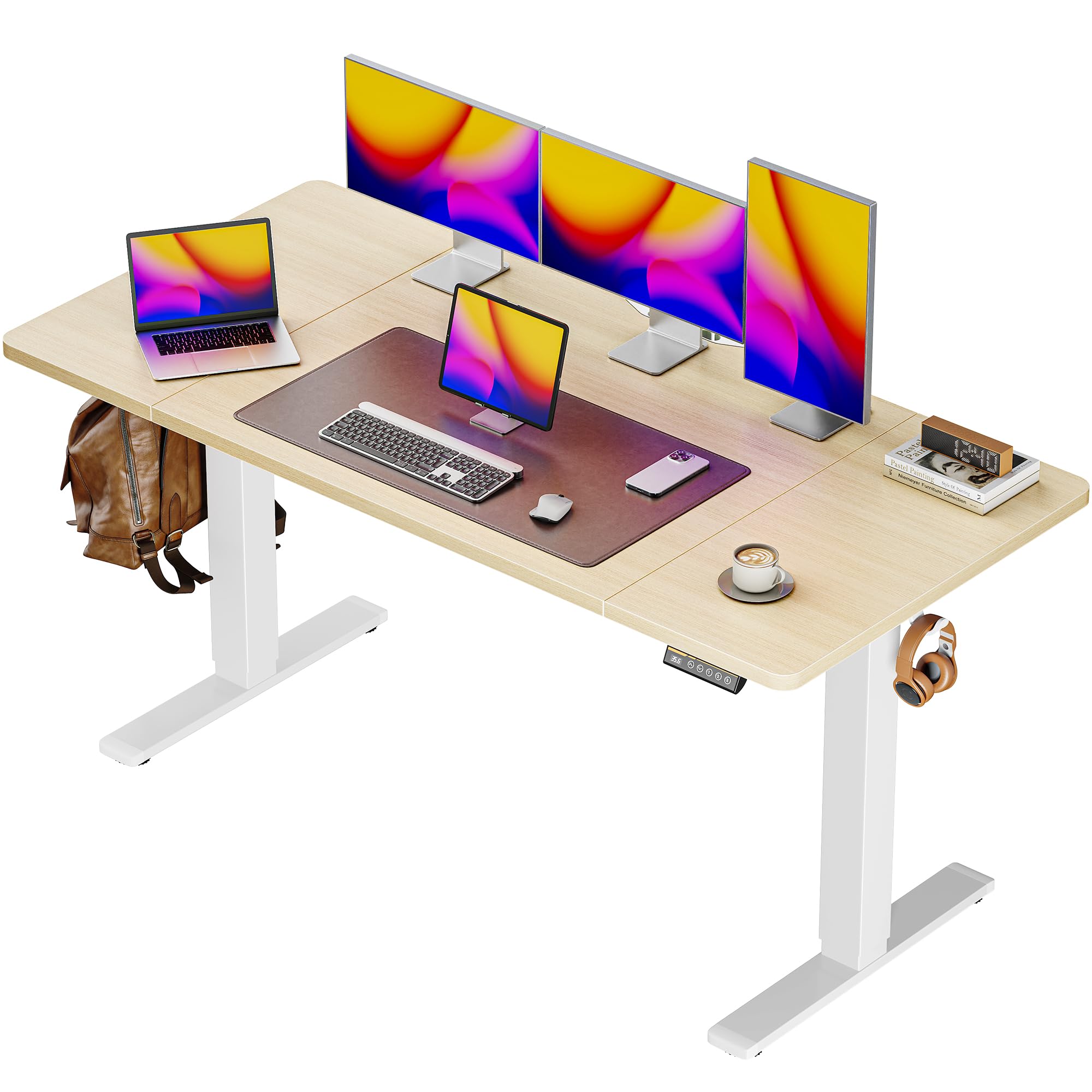 Huuger 55 x 28 Large Electric Standing Desk, Height Adjustable Computer Desk, 27.6" Deep Desktop, Stand up Gaming Office Desk with 2 Hooks, 3 Preset Heights, for Home Office, Rustic Brown