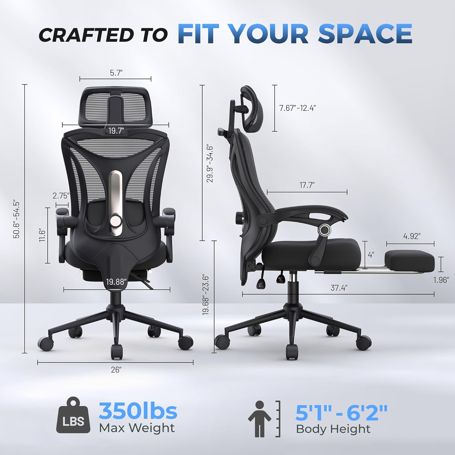 Ergonomic Office Chair with Footrest - Adjustable Lumbar Support & Headrest, 90-160° Reclining Mesh Back Computer Chair - Home Office/Gaming, 350lbs Capacity