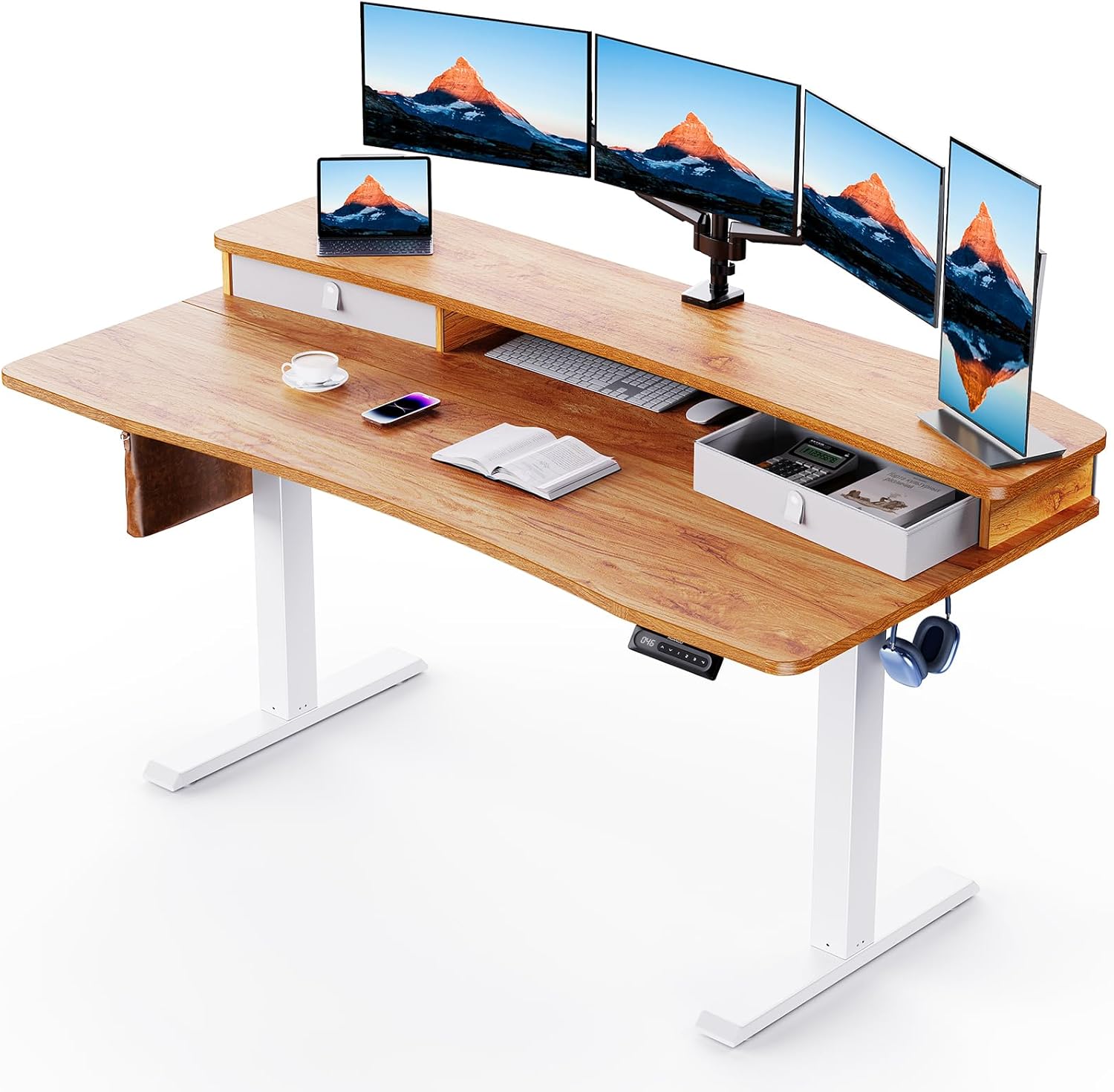 HUANUO 48″ x 24″ Electric Standing Desk with 2 Drawers, C-Clamp Mount Compatible, Height Adjustable Computer Desk, Home Office Stand Up Desk with 4 Preset Heights & 2 Hooks, Black