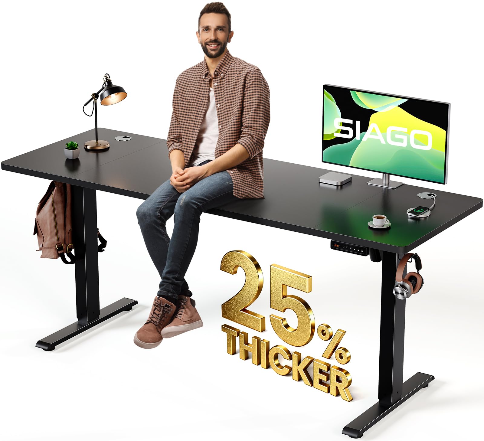 SIAGO Electric Standing Desk Adjustable - 48 x 24 Inch Sit Stand up Desk with 0.8 Inch Thick Tabletop - Adjustable Height Table with 3 Memory Preset, Cable Management for Home Office