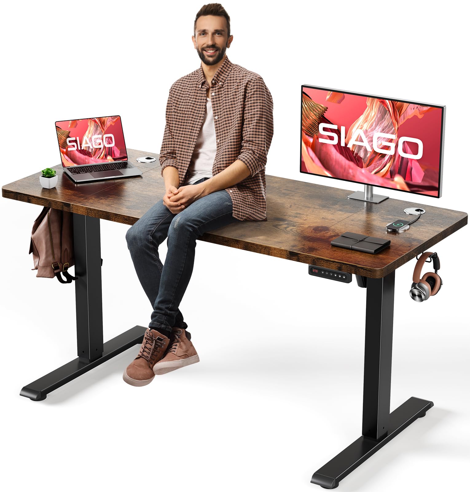 SIAGO Electric Standing Desk Adjustable - 48 x 24 Inch Sit Stand up Desk with 0.8 Inch Thick Tabletop - Adjustable Height Table with 3 Memory Preset, Cable Management for Home Office