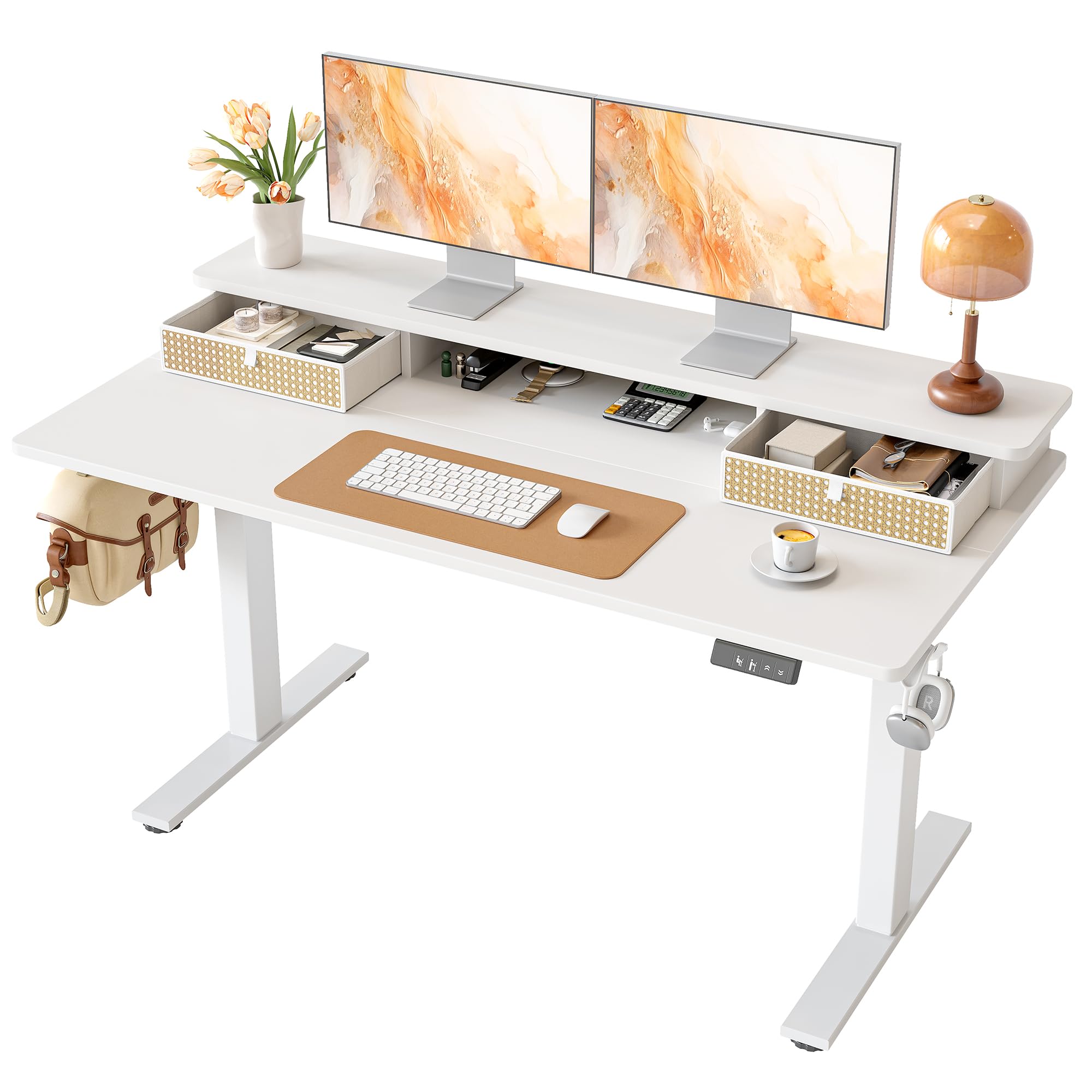 TIQLAB Standing Desk with Two Drawers, Stand Up Standing Desk Adjustable Height, Electric Sit Stand Table with Storage Shelf and Splice Board, 48 * 24 inch, Maple