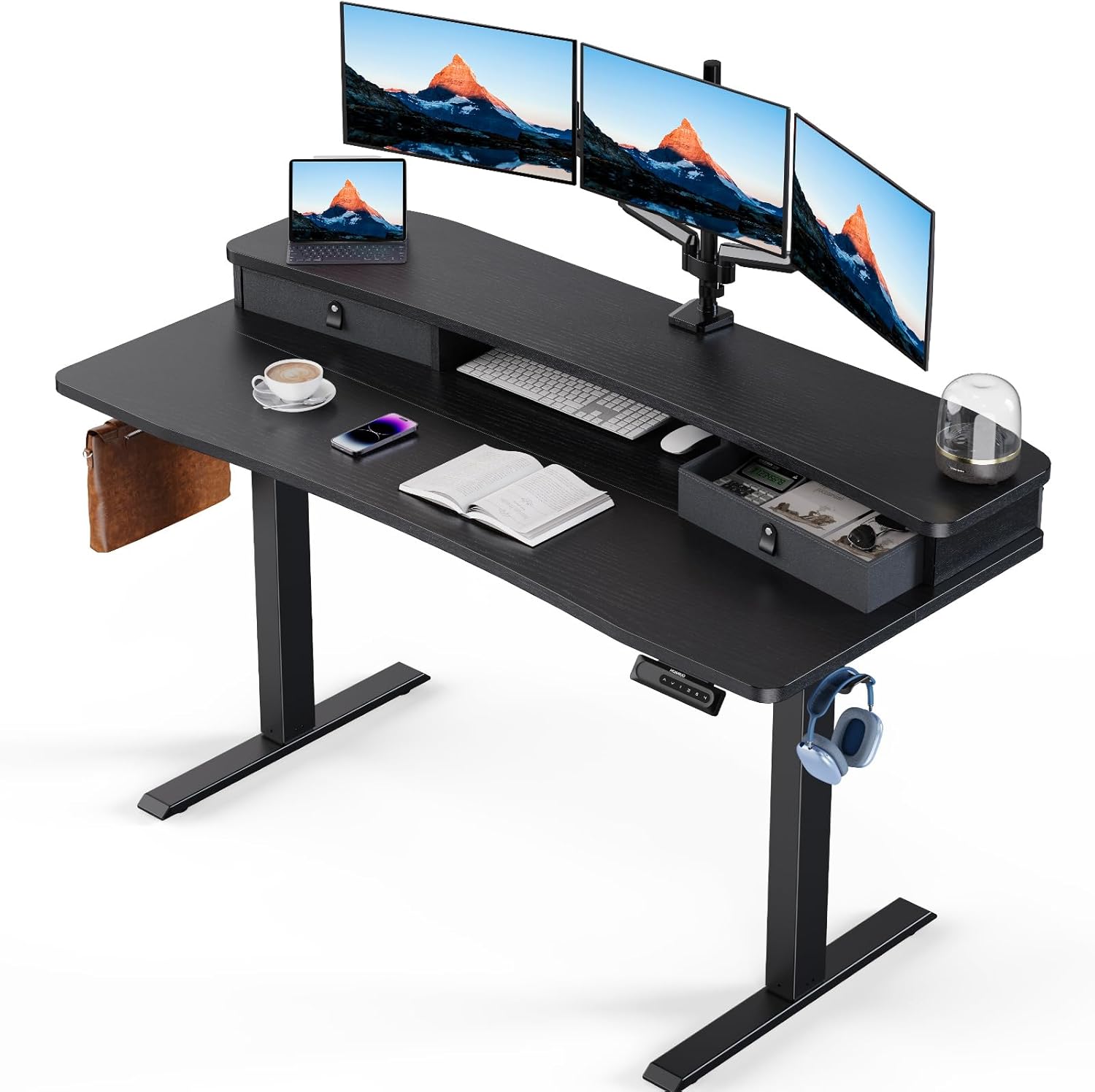 HUANUO 48″ x 24″ Electric Standing Desk with 2 Drawers, C-Clamp Mount Compatible, Height Adjustable Computer Desk, Home Office Stand Up Desk with 4 Preset Heights & 2 Hooks, Black