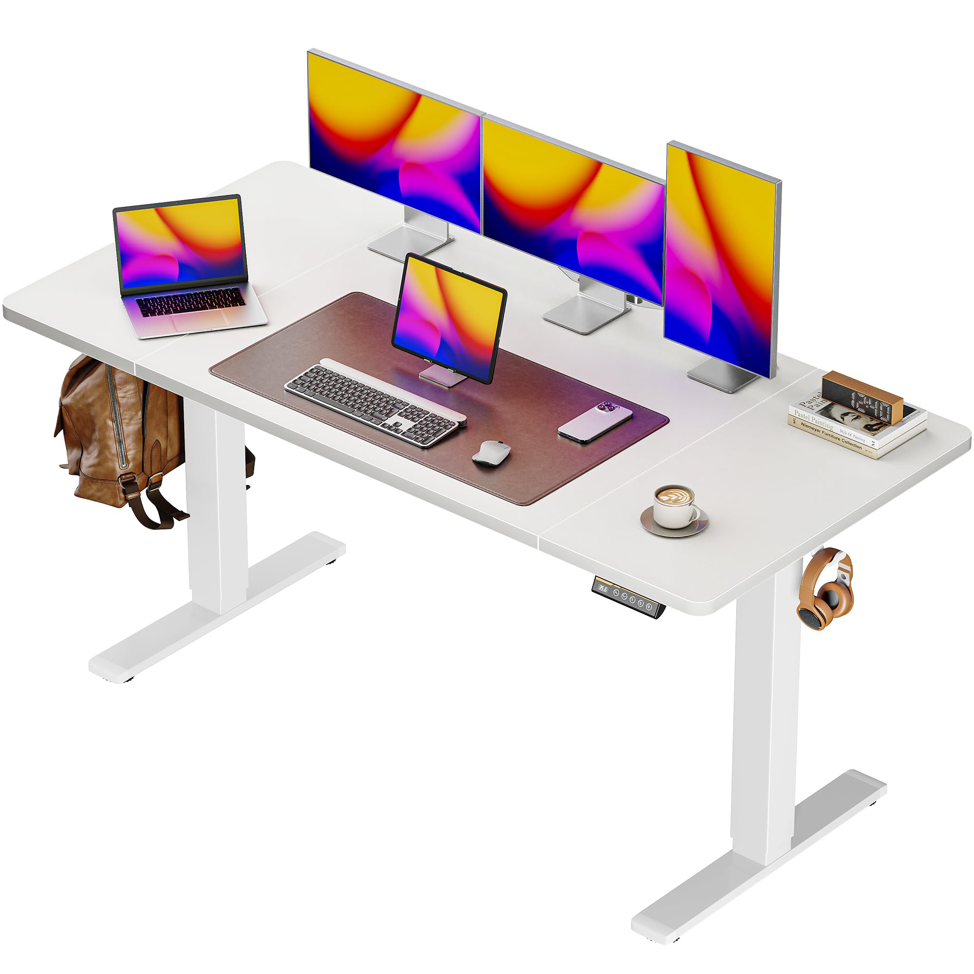 Huuger 55 x 28 Large Electric Standing Desk, Height Adjustable Computer Desk, 27.6" Deep Desktop, Stand up Gaming Office Desk with 2 Hooks, 3 Preset Heights, for Home Office, Rustic Brown