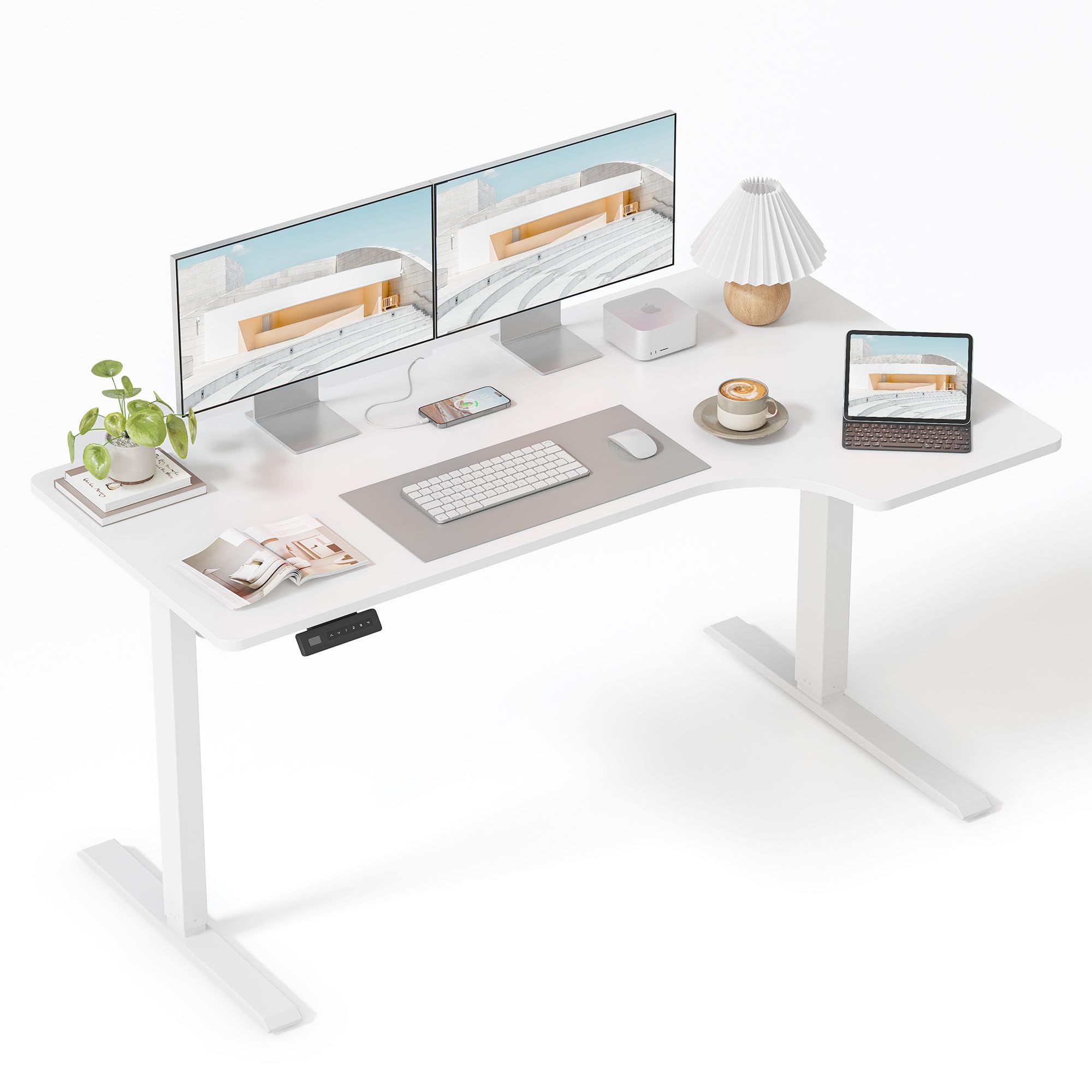 FEZIBO Standing Desk, 48 × 24 Inches Electric Height Adjustable, Sit and Stand Up, Computer Office Desk with Splice Board, White Frame/Maple TOP