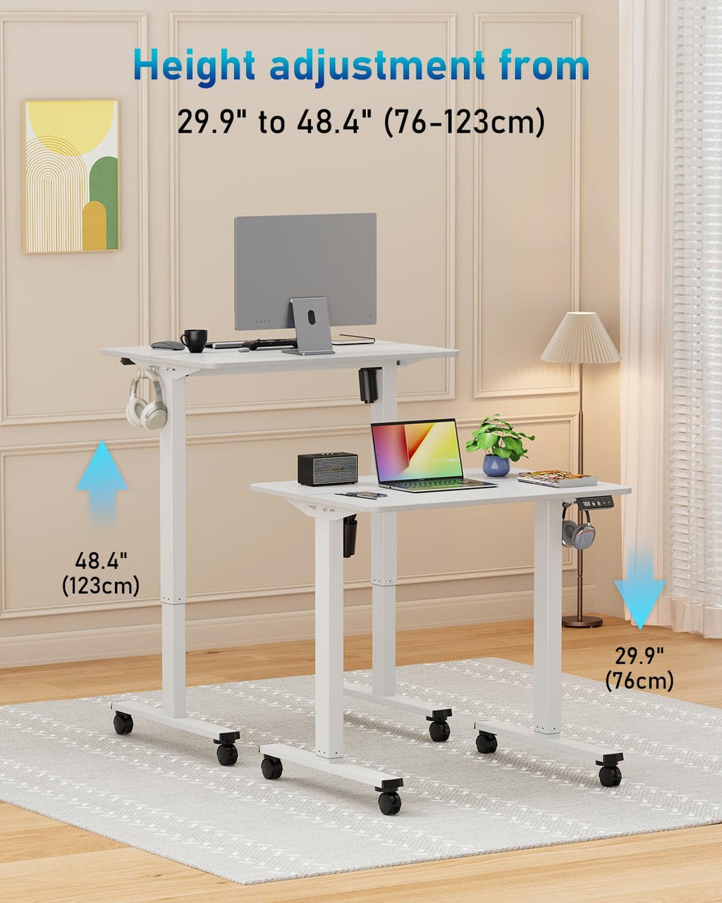 32" Small Electric Rolling Standing Desk Adjustable Height, Mobile Sit Stand up Desk with Lockable Casters for Home Office & Computer Workstation, Splice Board, 2 Hooks, White Frame/White Top