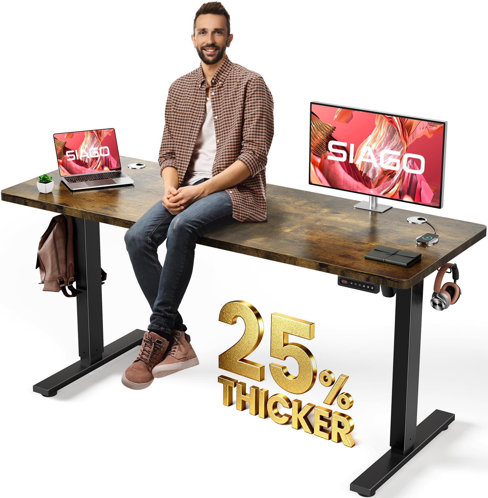 SIAGO Electric Standing Desk Adjustable - 48 x 24 Inch Sit Stand up Desk with 0.8 Inch Thick Tabletop - Adjustable Height Table with 3 Memory Preset, Cable Management for Home Office