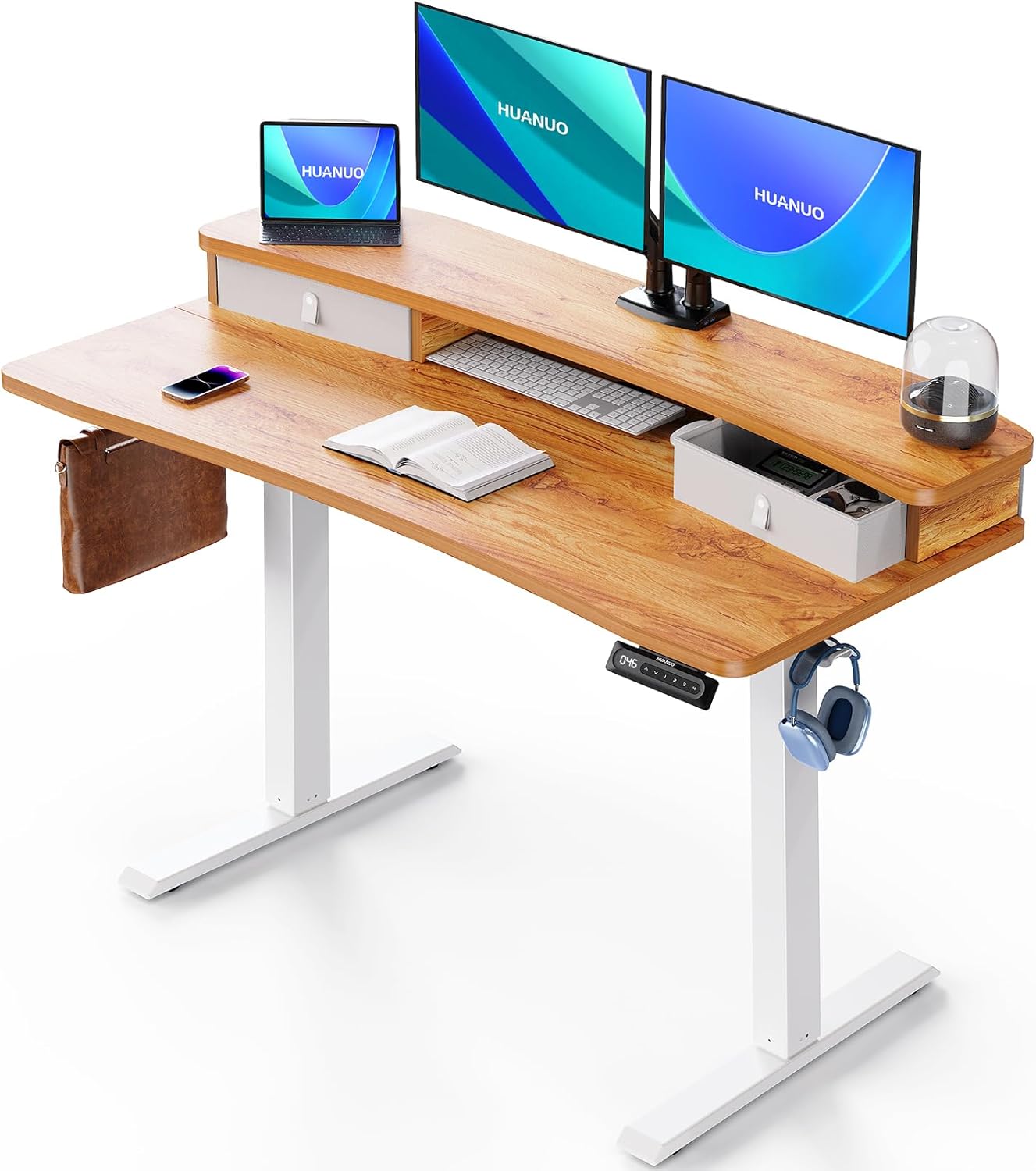 HUANUO 48″ x 24″ Electric Standing Desk with 2 Drawers, C-Clamp Mount Compatible, Height Adjustable Computer Desk, Home Office Stand Up Desk with 4 Preset Heights & 2 Hooks, Black