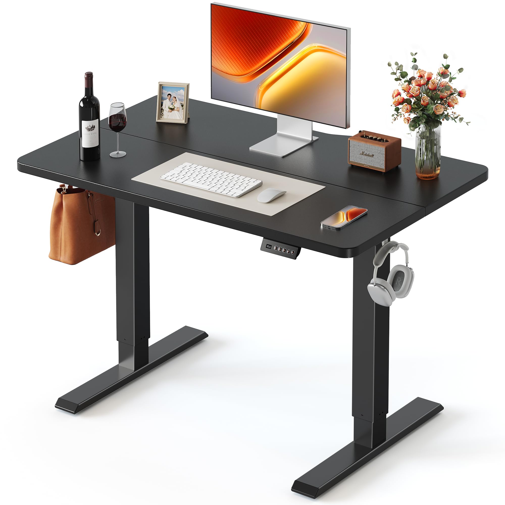 FEZIBO Standing Desk, 48 × 24 Inches Electric Height Adjustable, Sit and Stand Up, Computer Office Desk with Splice Board, White Frame/Maple TOP