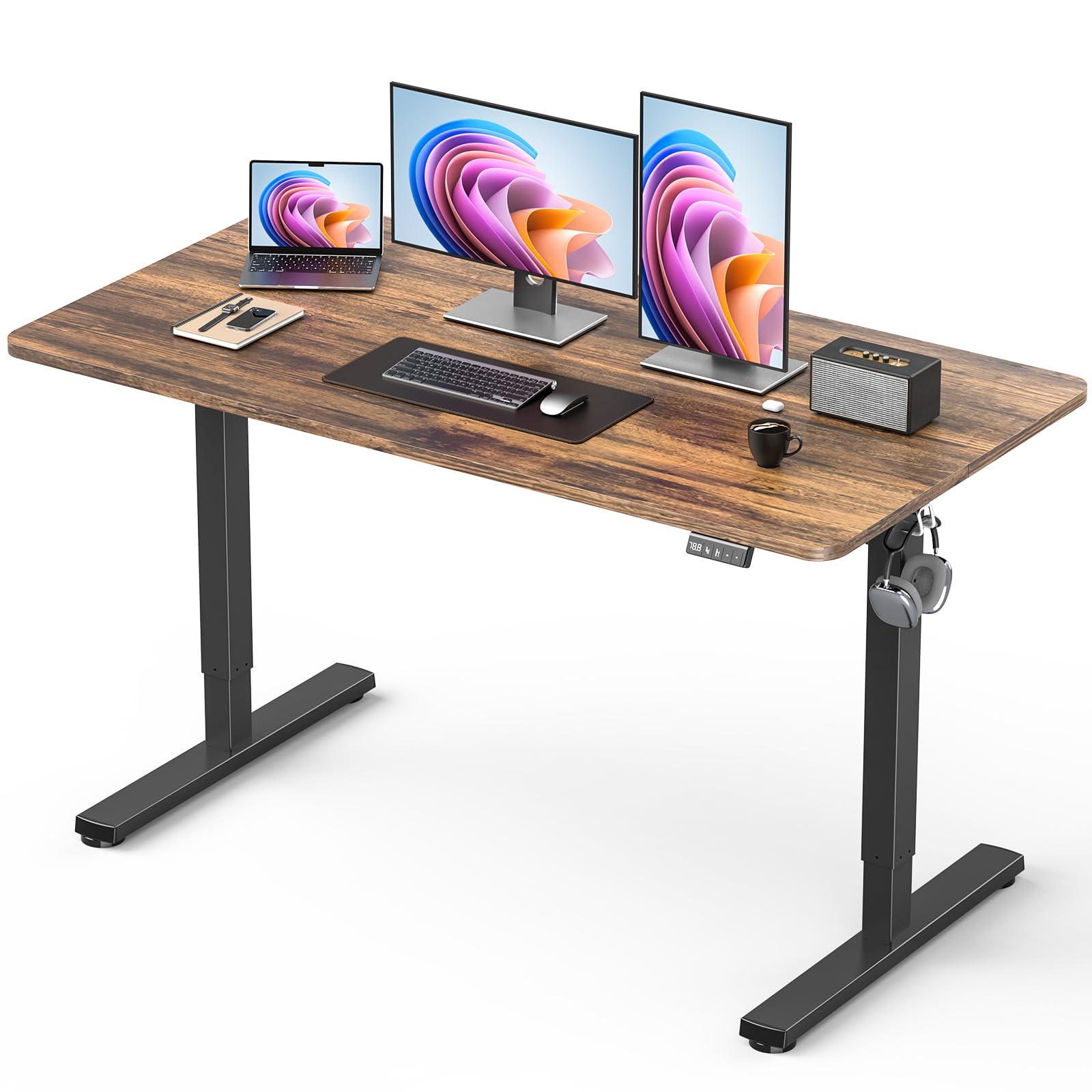 32" Small Electric Rolling Standing Desk Adjustable Height, Mobile Sit Stand up Desk with Lockable Casters for Home Office & Computer Workstation, Splice Board, 2 Hooks, White Frame/White Top
