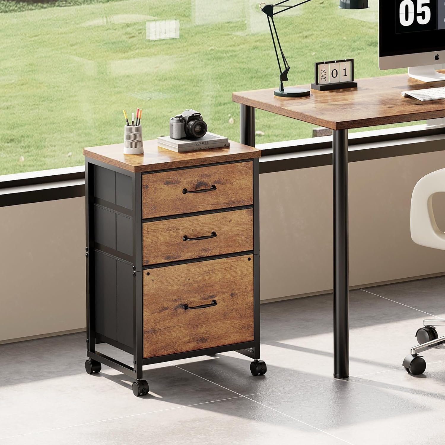 Maihail 3 Drawer Mobile File Cabinet with Wheels Fabric Vertical Filing Cabinet fits A4 or Letter Size for Home Office,Rustic Brown2