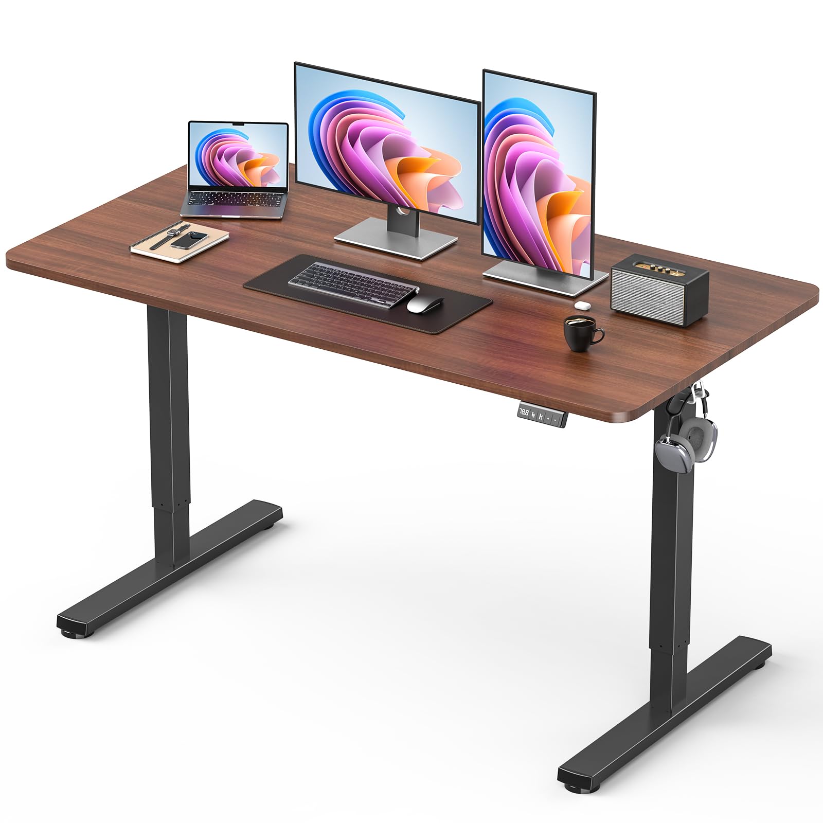 32" Small Electric Rolling Standing Desk Adjustable Height, Mobile Sit Stand up Desk with Lockable Casters for Home Office & Computer Workstation, Splice Board, 2 Hooks, White Frame/White Top