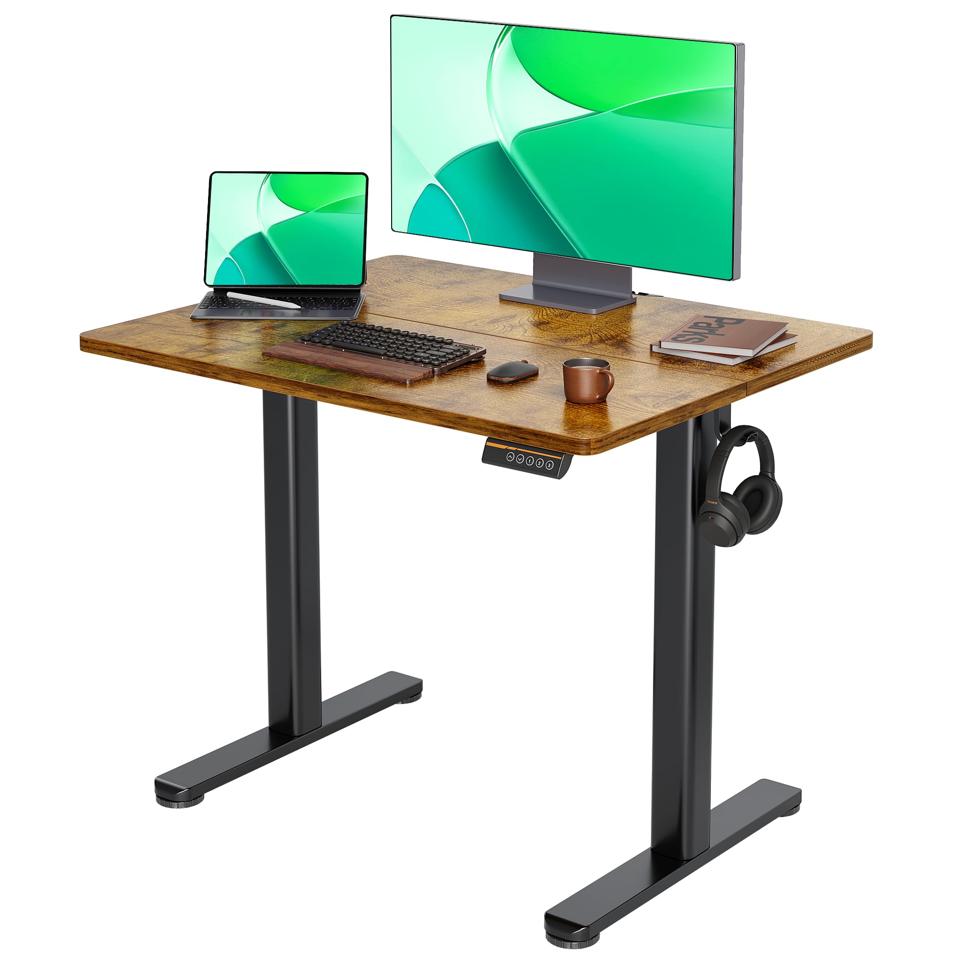 Claiks Electric Standing Desk, Adjustable Height Stand up Desk, 24x48 Inches Sit Stand Home Office Desk with Splice Board, Black Frame/Rustic Brown Top