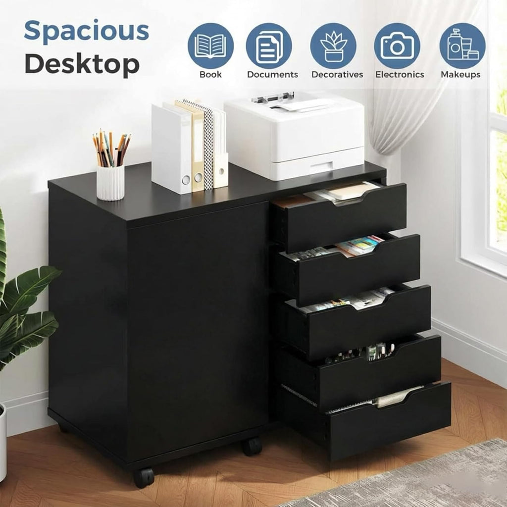 DUMOS 5 Drawer File Cabinet Office Drawers Organizer with Wheels Rolliing, Under Desk Cabinets with Shelves and Door Printer Stand with Wood Board Metal Frame for Home Office Storage Craft Room, Black