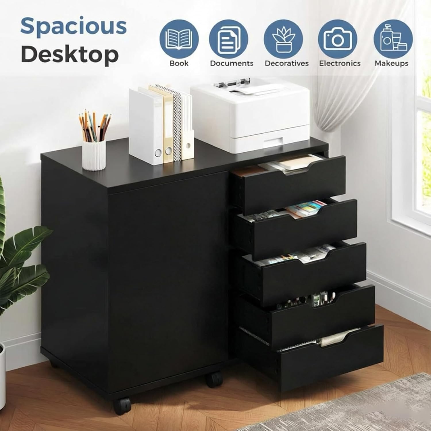 DUMOS 5 Drawer File Cabinet Office Drawers Organizer with Wheels Rolliing, Under Desk Cabinets with Shelves and Door Printer Stand with Wood Board Metal Frame for Home Office Storage Craft Room, Black