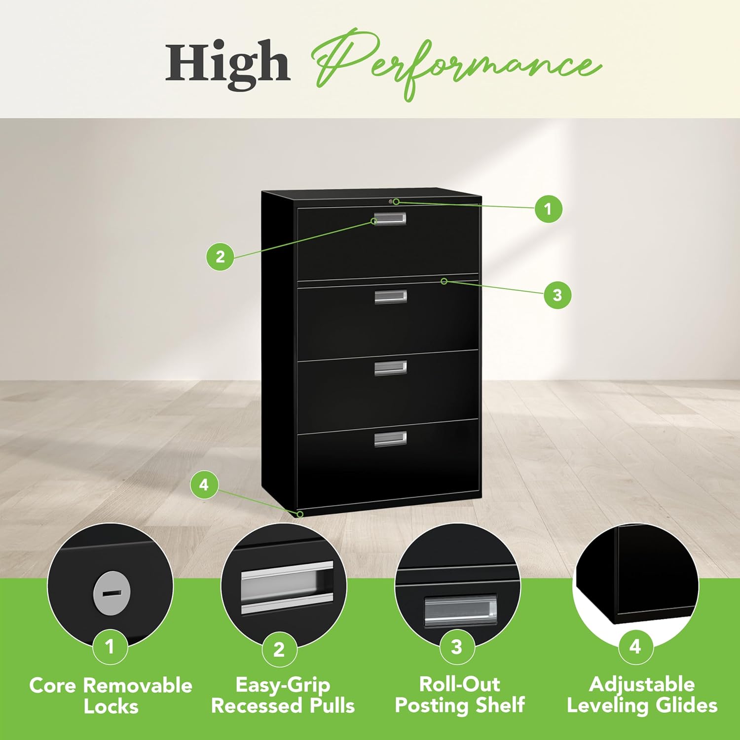 HON 4 Drawer Lateral File Cabinet with Lock, Metal Filing Cabinets for Offices, Adjustable Hangrails for A4, Legal, Letter Files, 18" Deep, Black