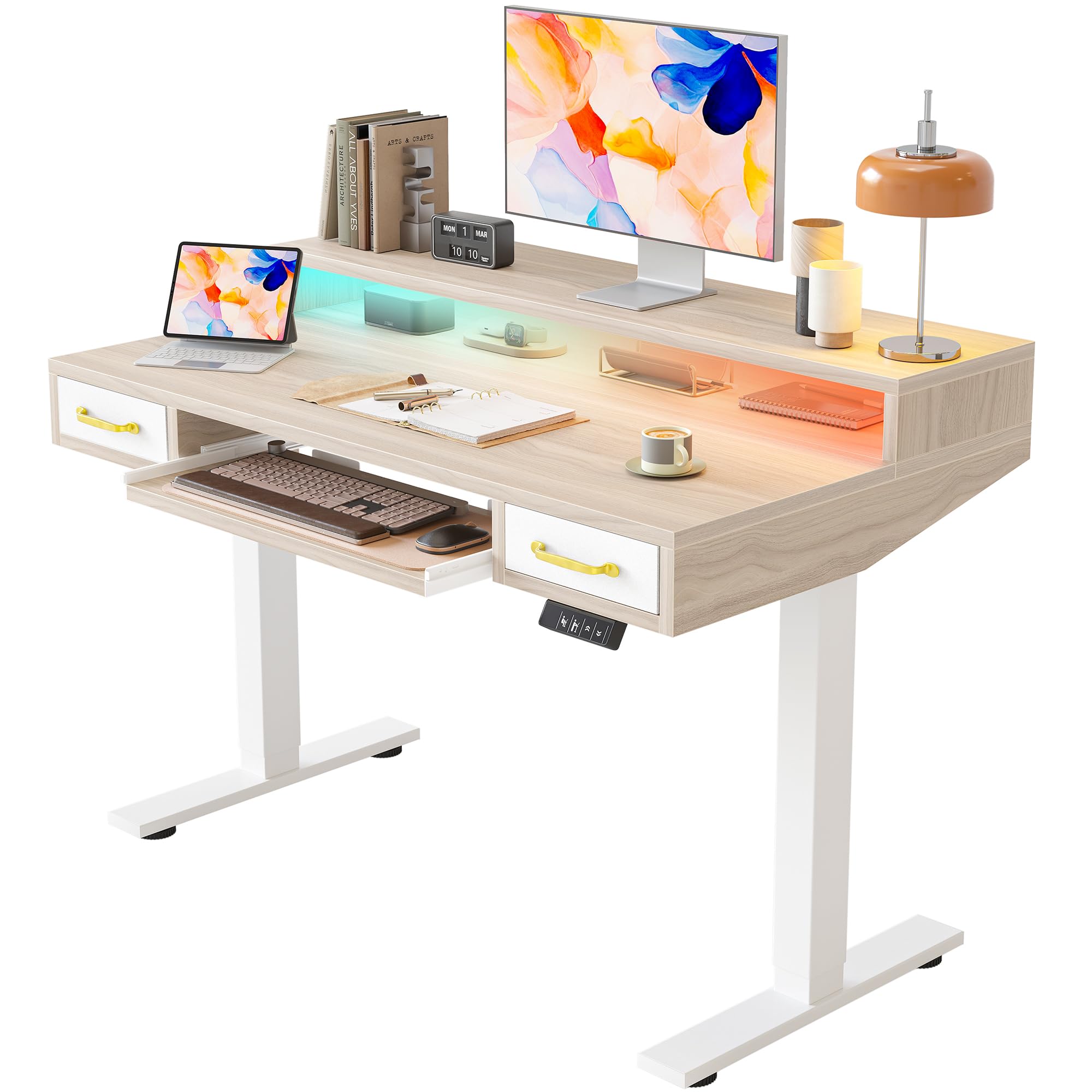 TIQLAB Standing Desk with Two Drawers, Stand Up Standing Desk Adjustable Height, Electric Sit Stand Table with Storage Shelf and Splice Board, 48 * 24 inch, Maple