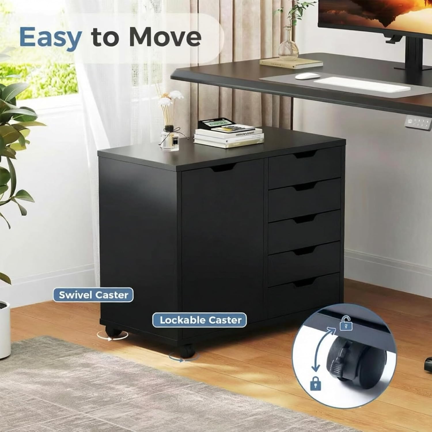 DUMOS 5 Drawer File Cabinet Office Drawers Organizer with Wheels Rolliing, Under Desk Cabinets with Shelves and Door Printer Stand with Wood Board Metal Frame for Home Office Storage Craft Room, Black